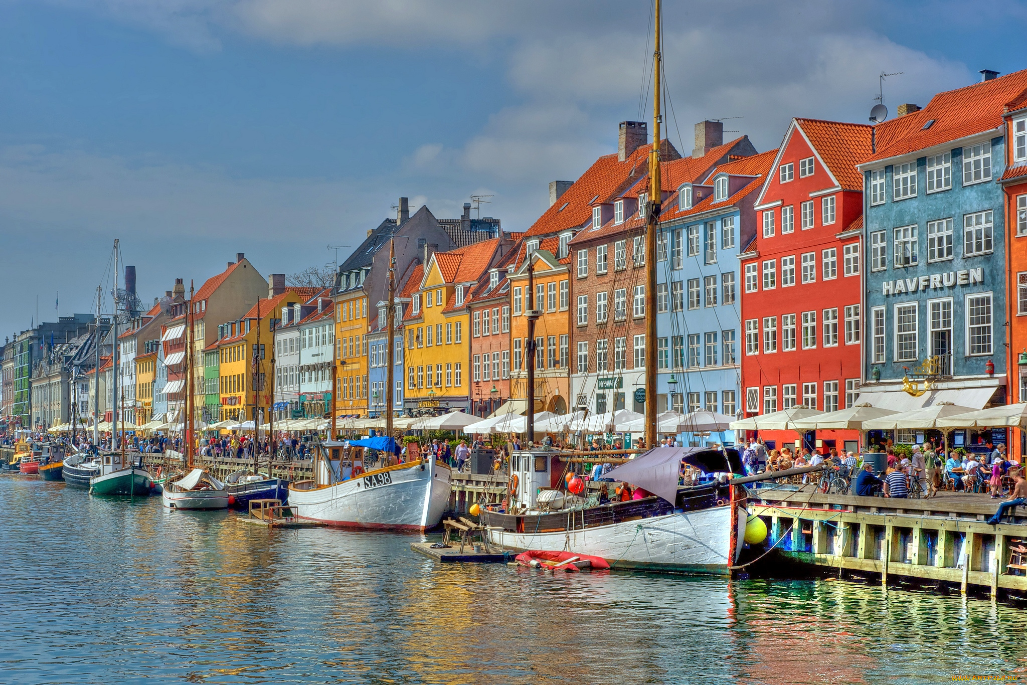 города, копенгаген, , дания, дома, набережная