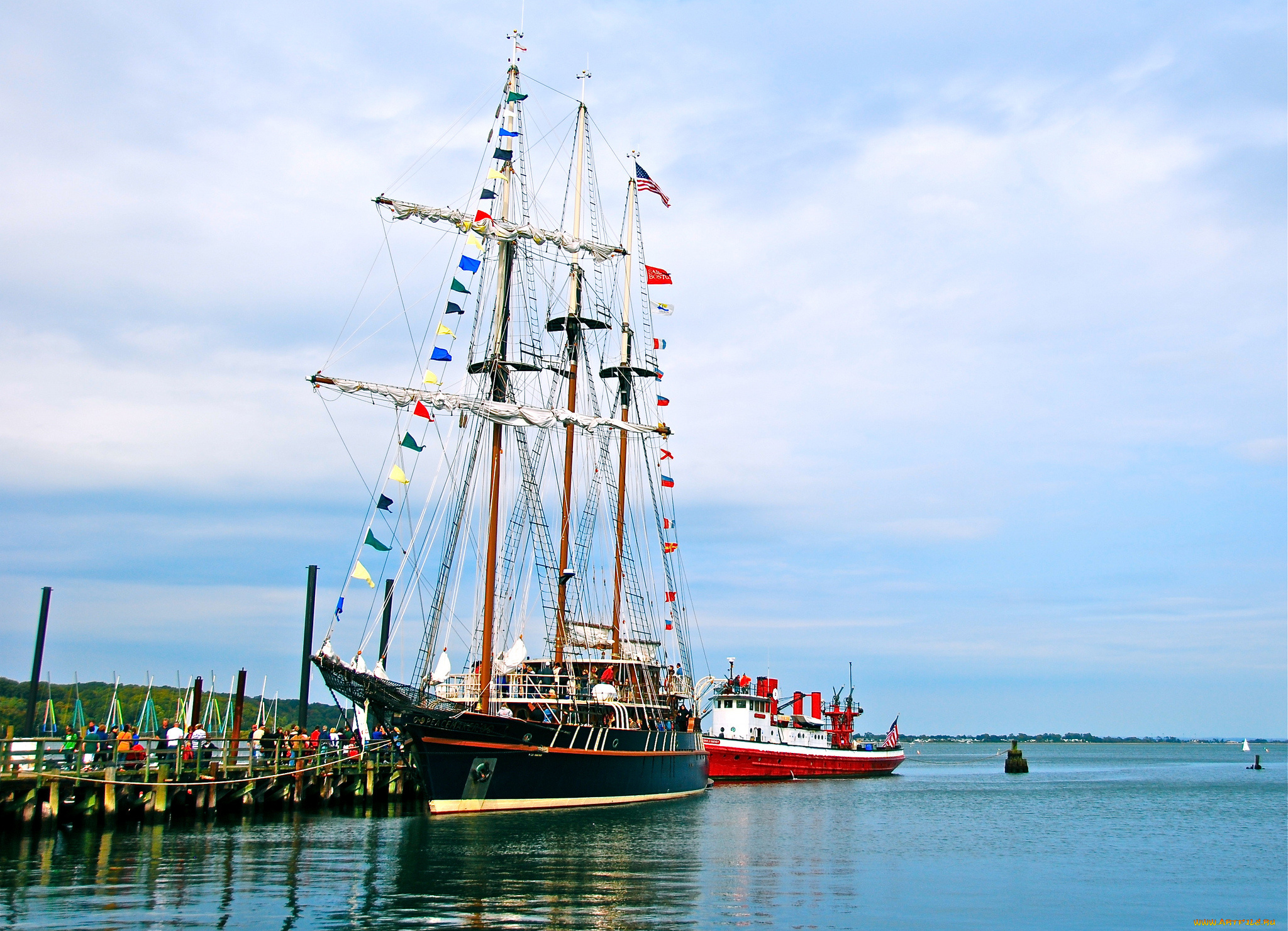 корабли, разные, вместе, парусник, причал, буксир