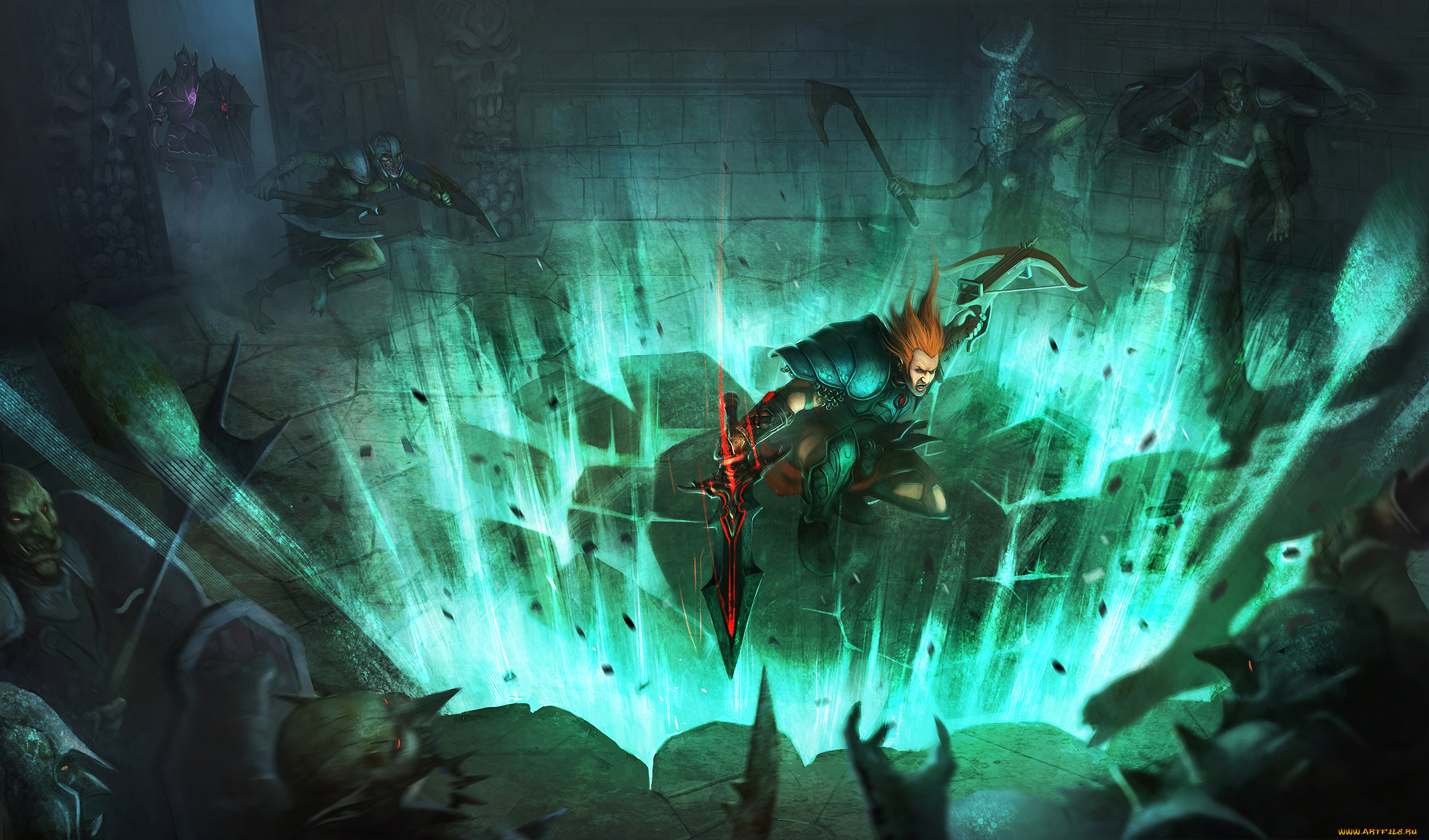 фэнтези, магия, воин, сражение, орки, меч, арбалет