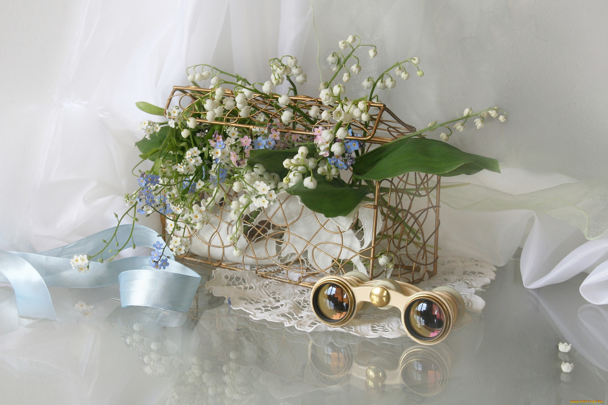 цветы, разные, вместе, незабудки, бинокль, ландыши