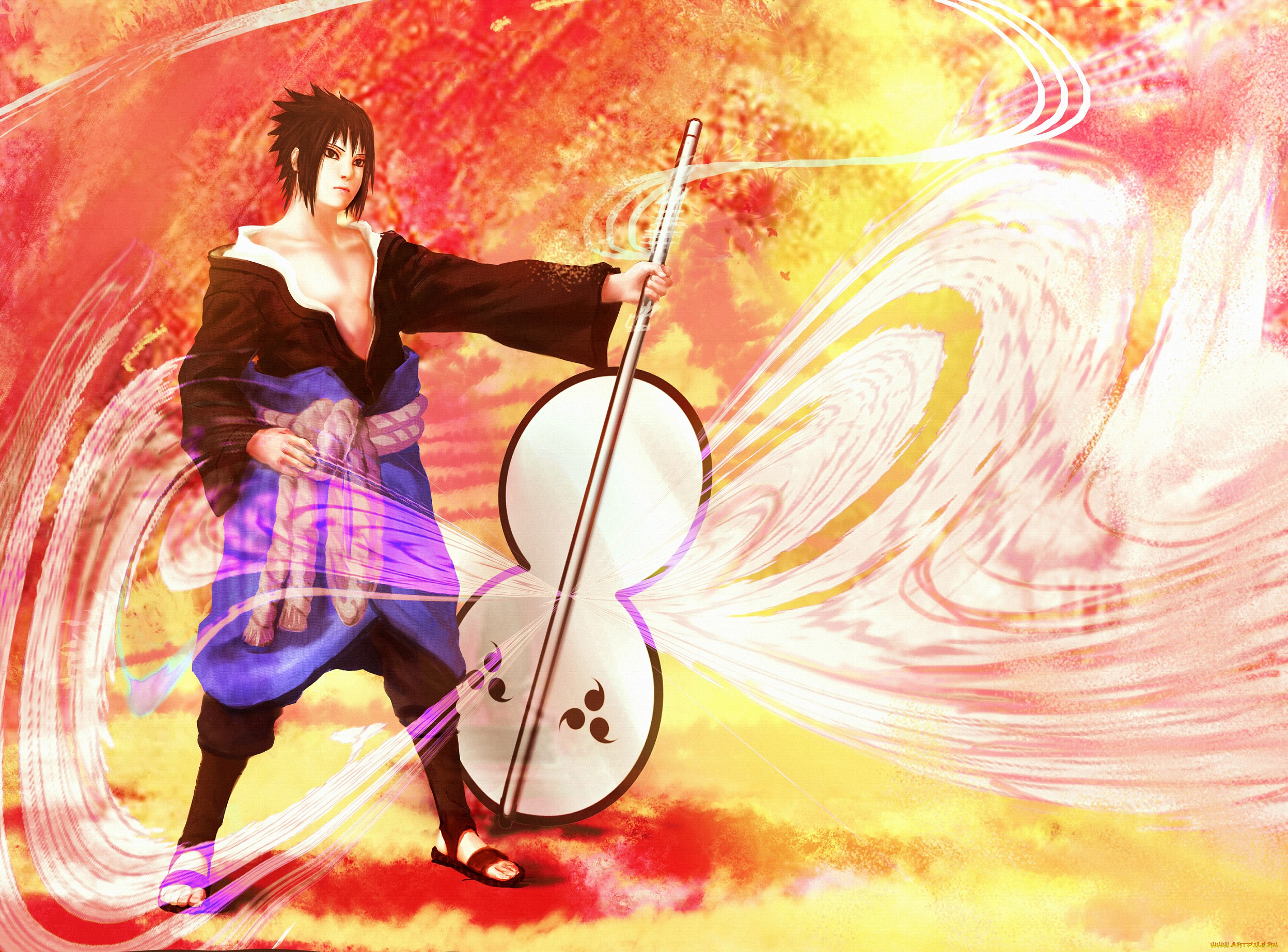 аниме, naruto, жёлтый, фон, оружие, учиха, саске