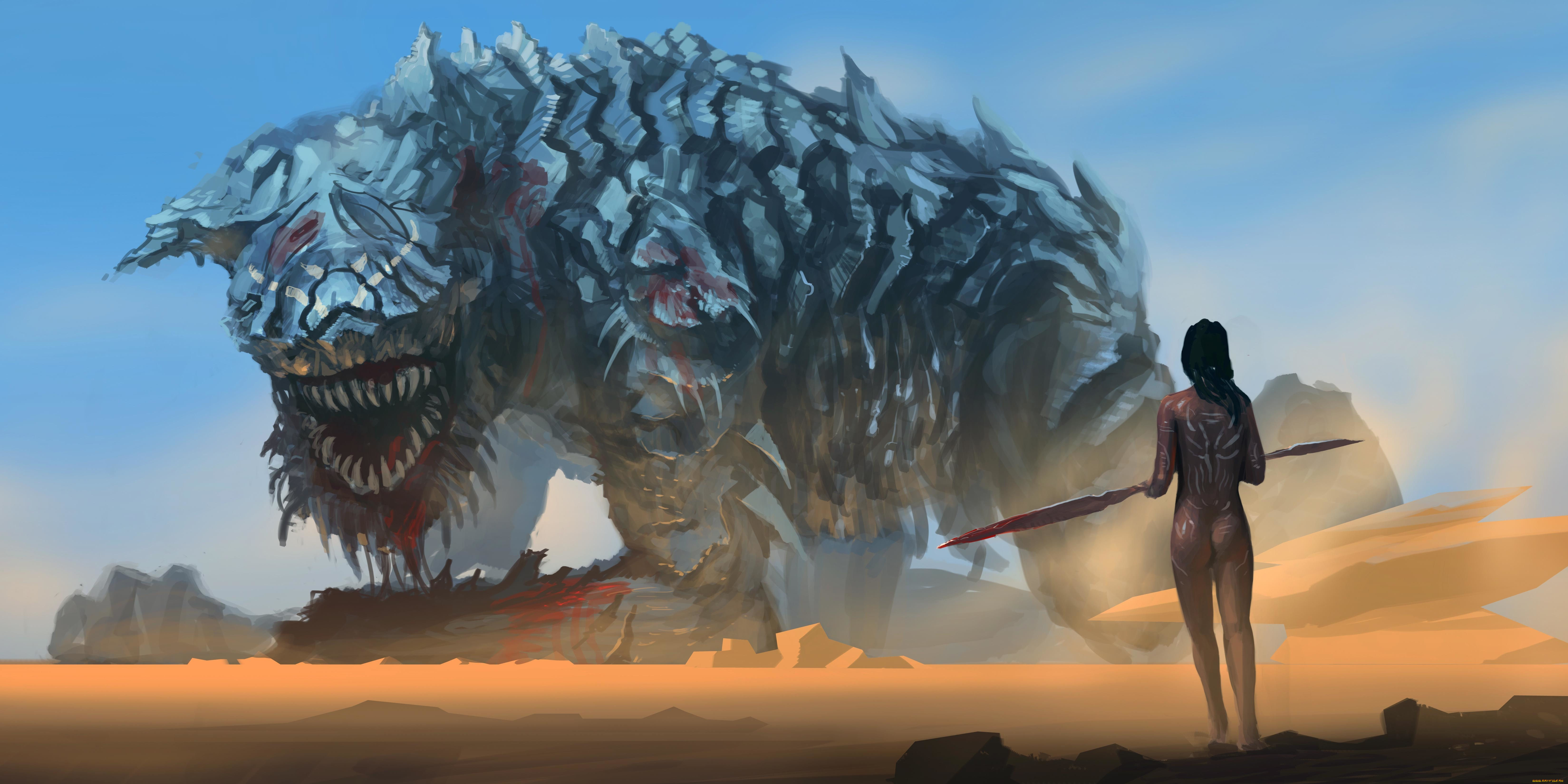 фэнтези, красавицы, и, чудовища, девушка, дикарь, копье, монстр, чудовище