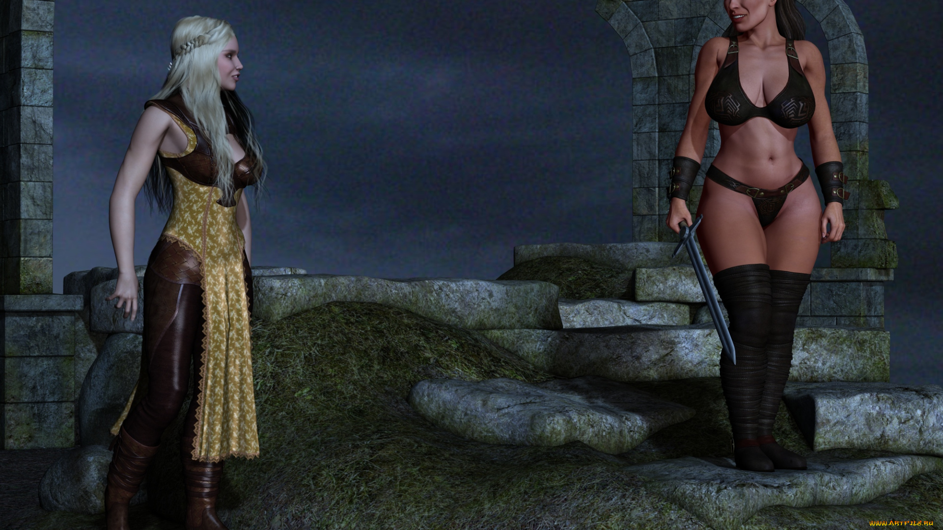 3д, графика, амазонки, , amazon, взгляд, девушки, фон, оружие