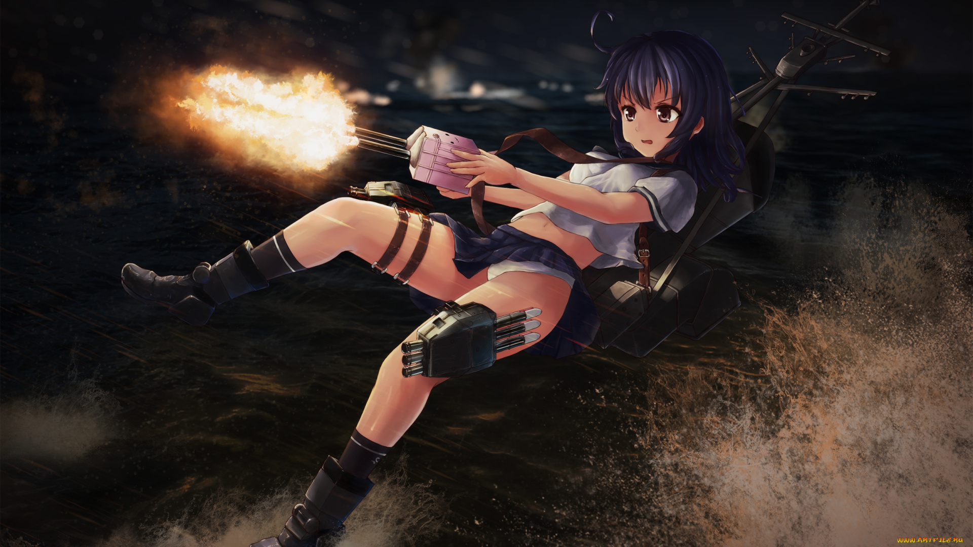 аниме, kantai, collection, фон, оружие, взгляд, девушка