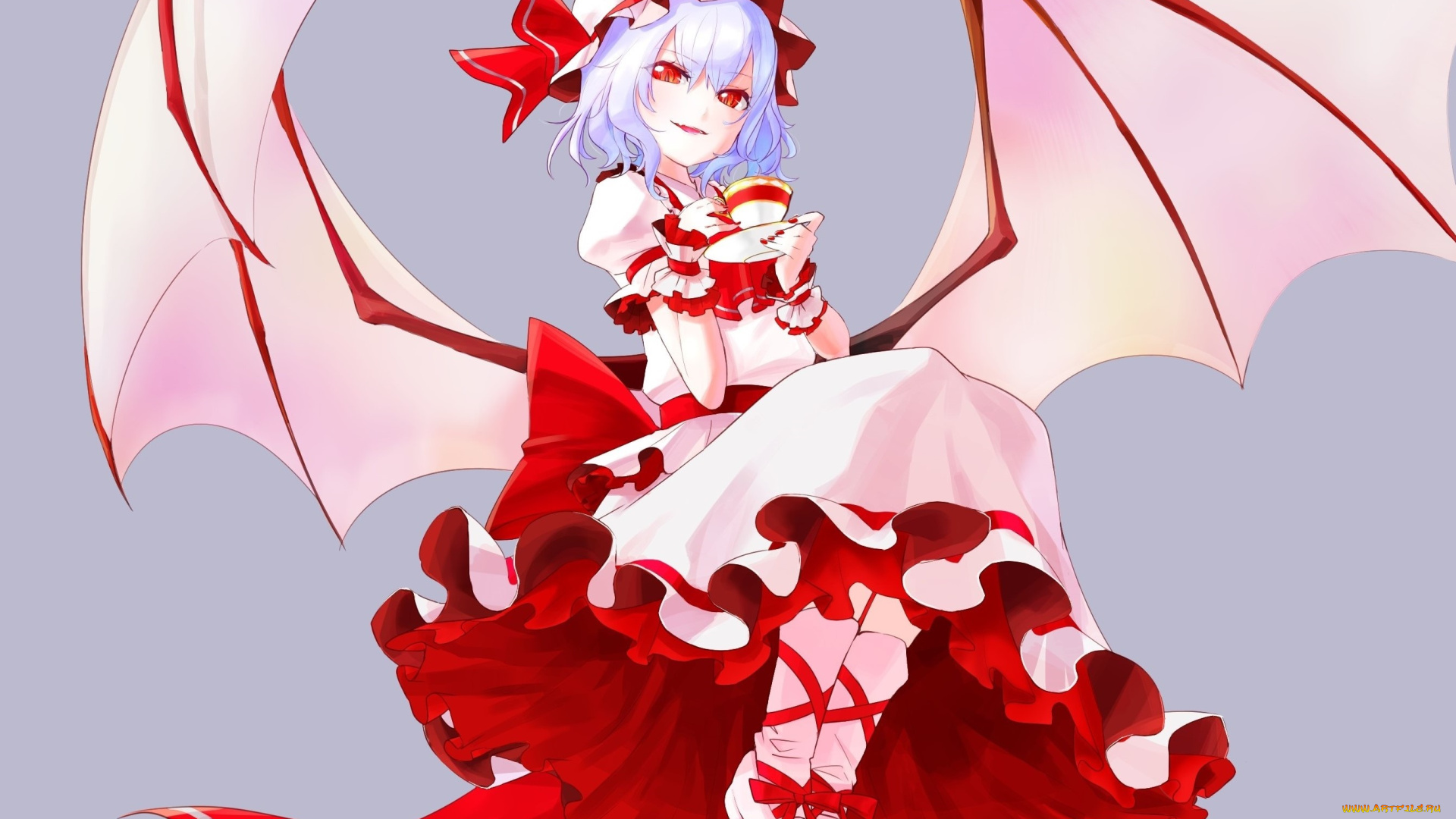 аниме, touhou, демон, девушка, взгляд, фон