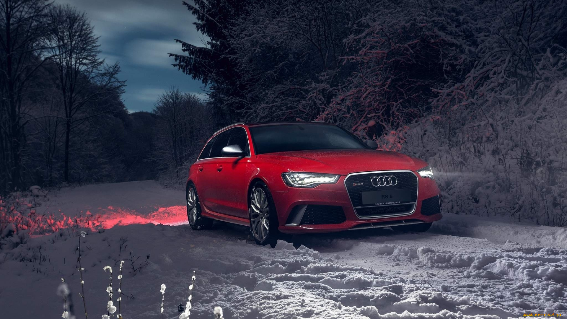 автомобили, audi, деревья, снег, зима, красный, ауди, вечер, лес