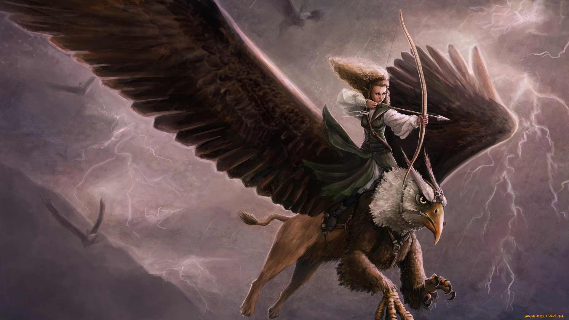 фэнтези, красавицы, и, чудовища, девушка, грифон, полет, лук, лучница, всадница, крылья, небо