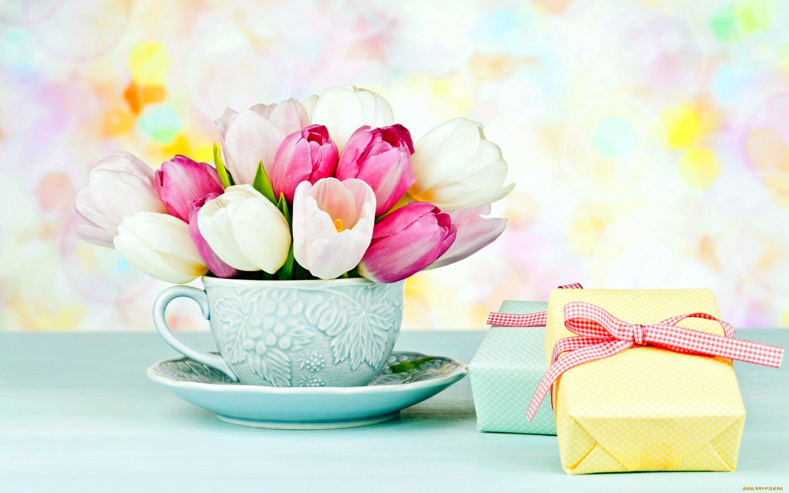 цветы, тюльпаны, подарки, бант