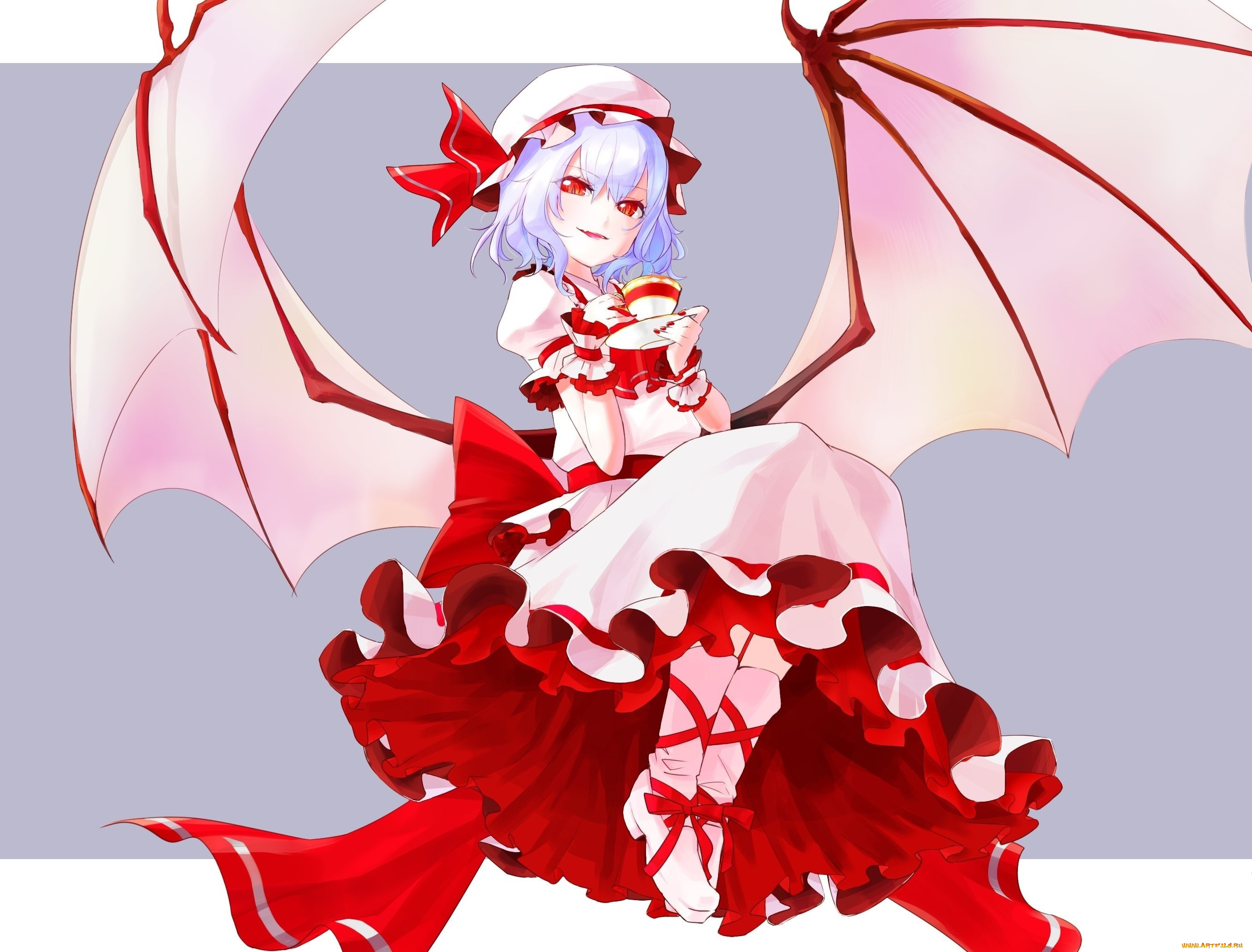 аниме, touhou, демон, девушка, взгляд, фон