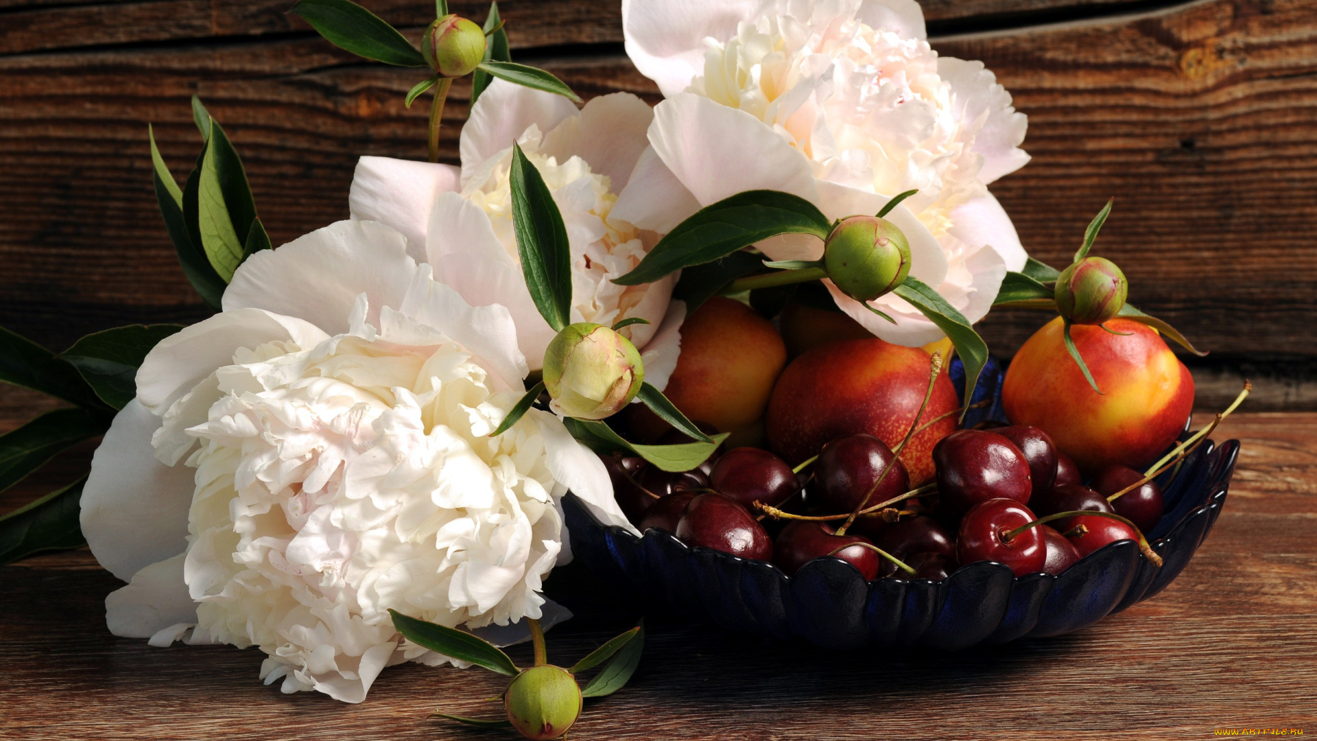 еда, фрукты, , ягоды, пионы, черешня, нектарины