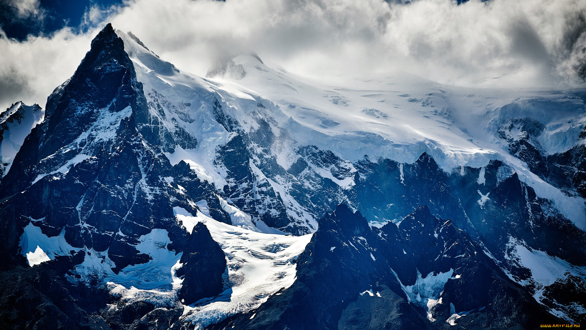 природа, горы, вершины, снег, облака