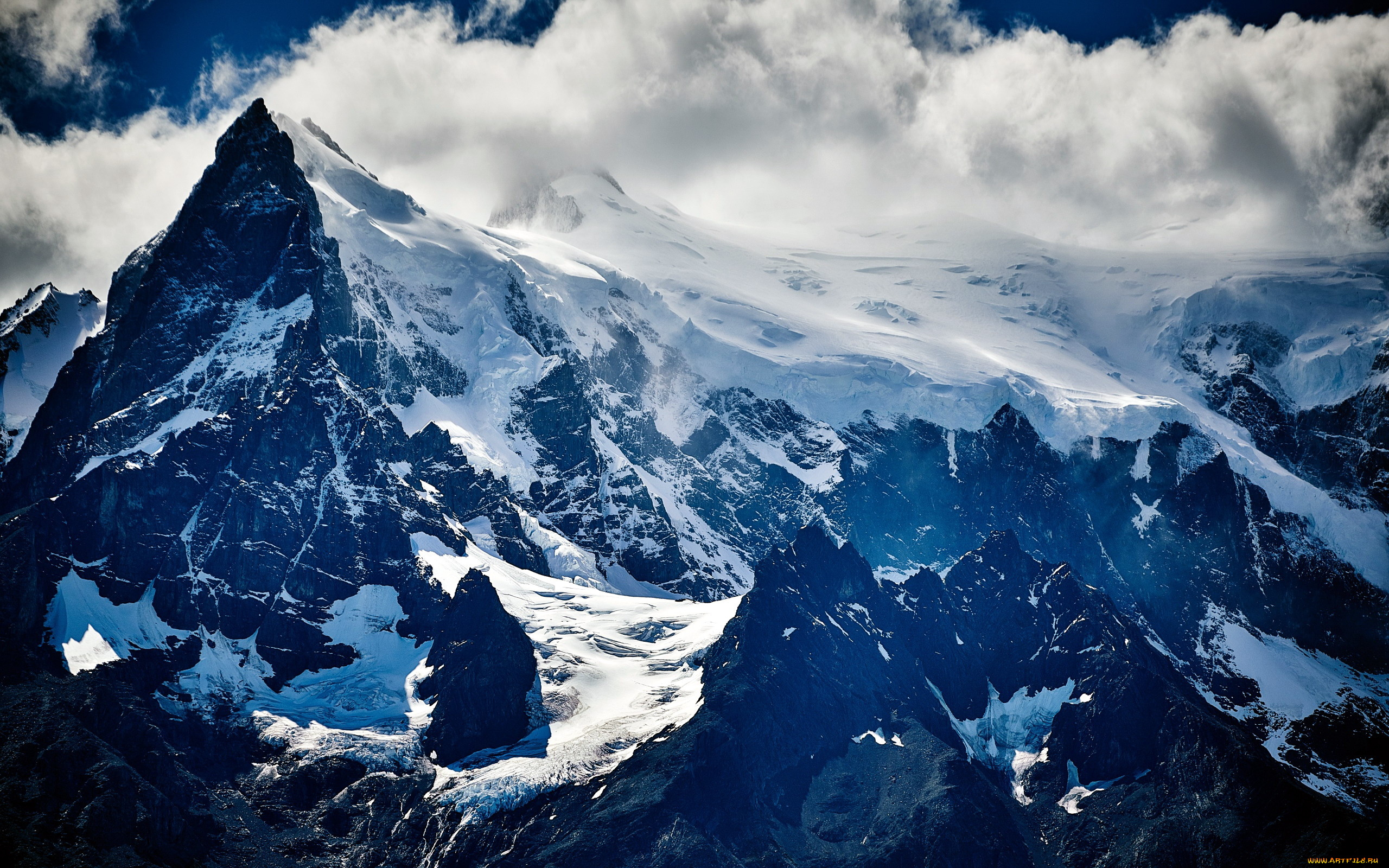 природа, горы, вершины, снег, облака