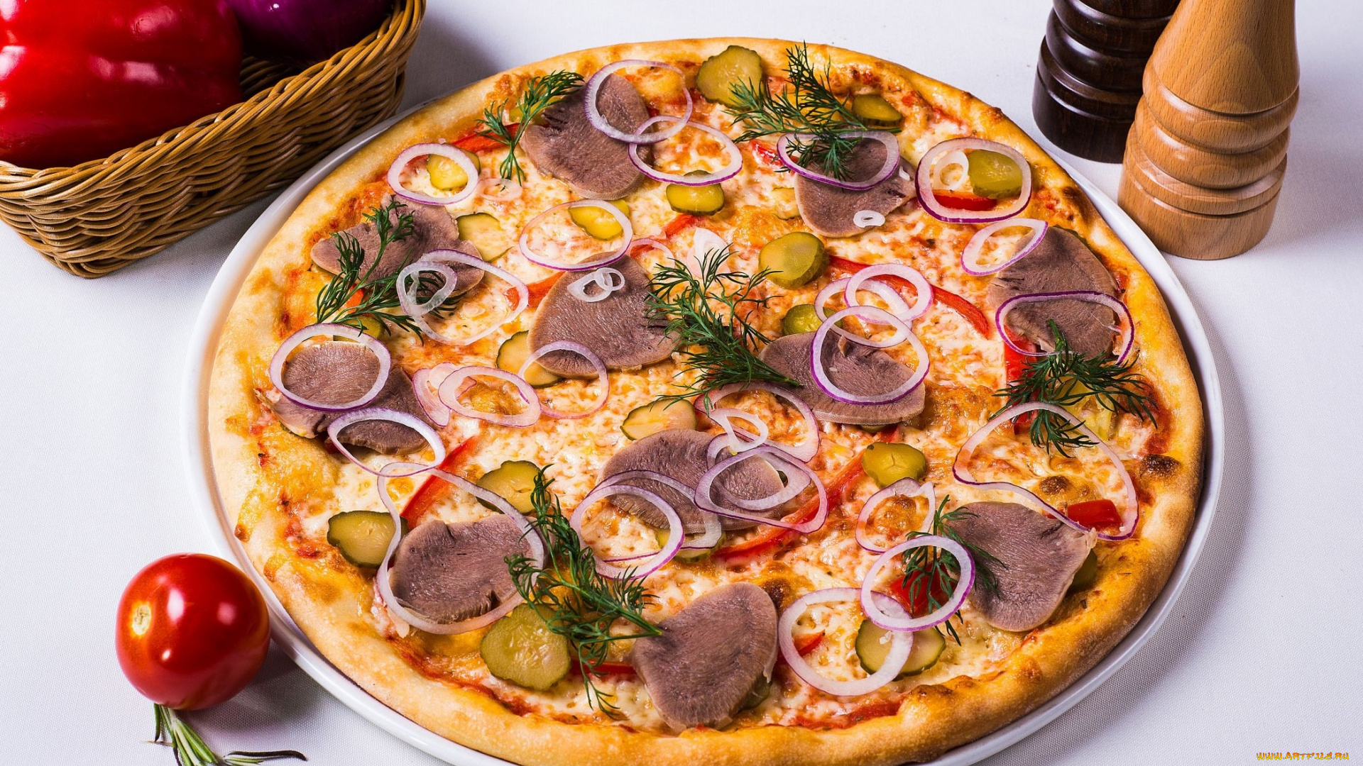 еда, пицца, лук, укроп, язык