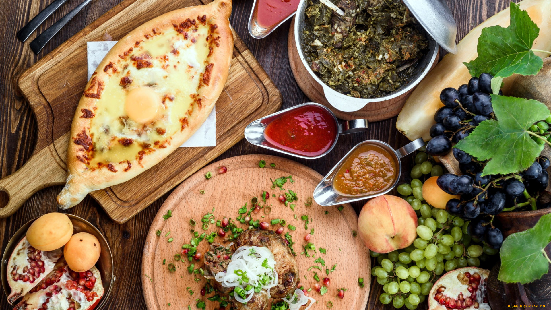 еда, разное, лепешка, мясо, гранат, виноград
