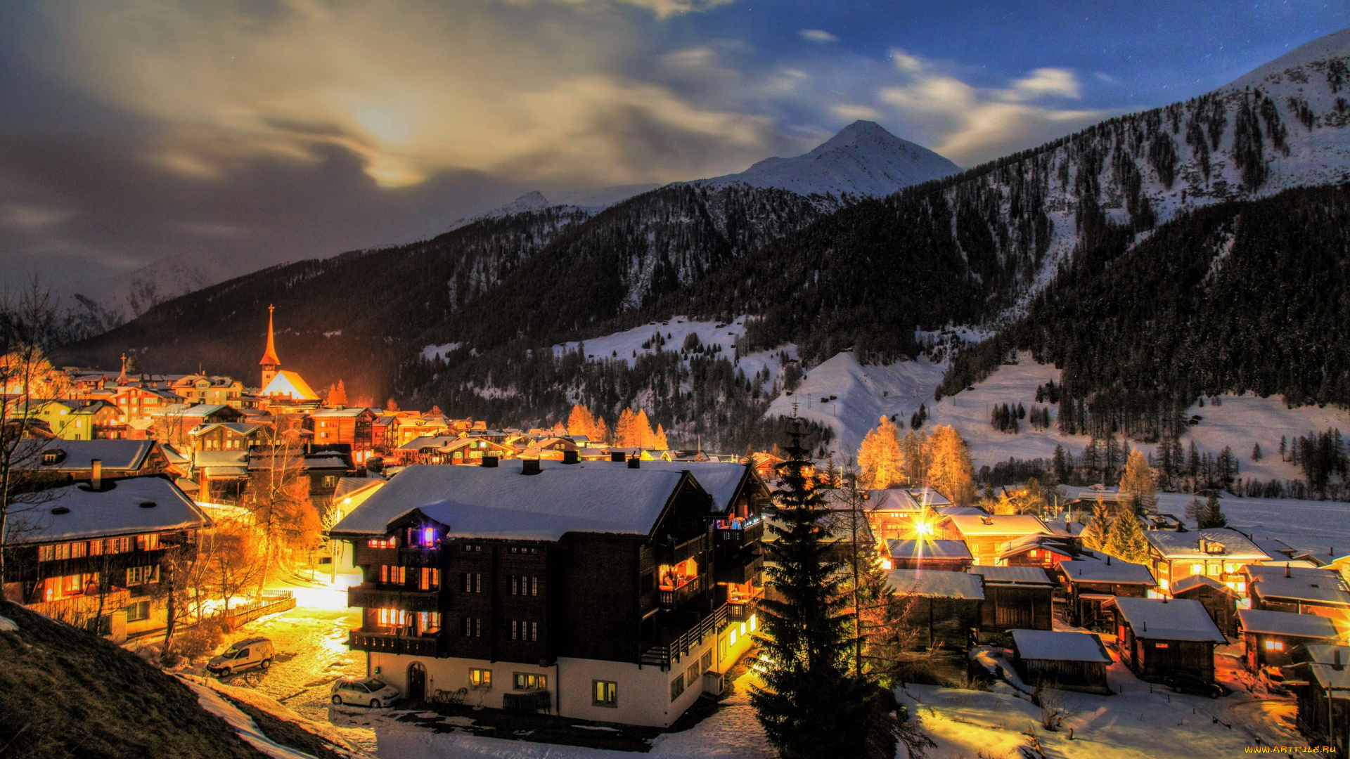 города, -, огни, ночного, города, город, долина, горы, огни, вечер