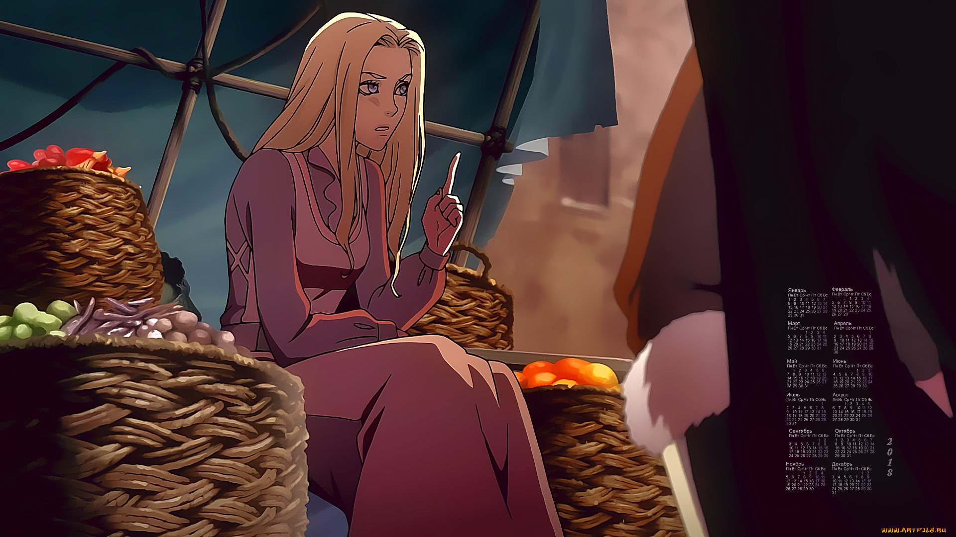 календари, аниме, 2018, разговор, корзина, взгляд, девушка
