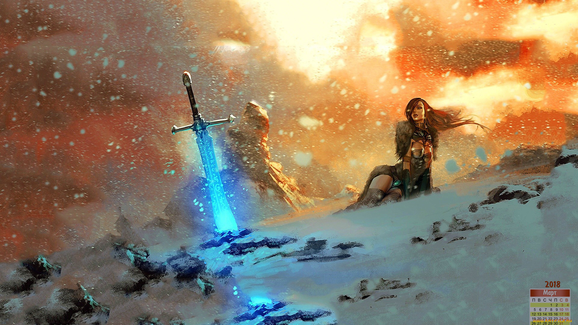 календари, фэнтези, девушка, 2018, снег, оружие, взгляд