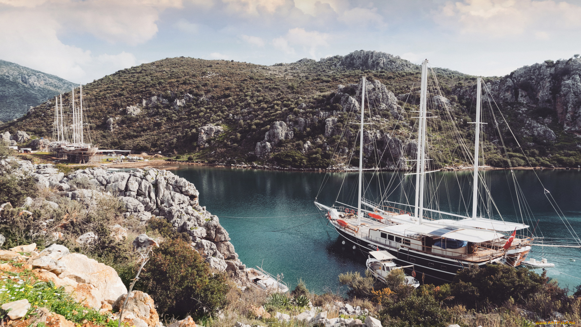 корабли, парусники, мачты, бухта