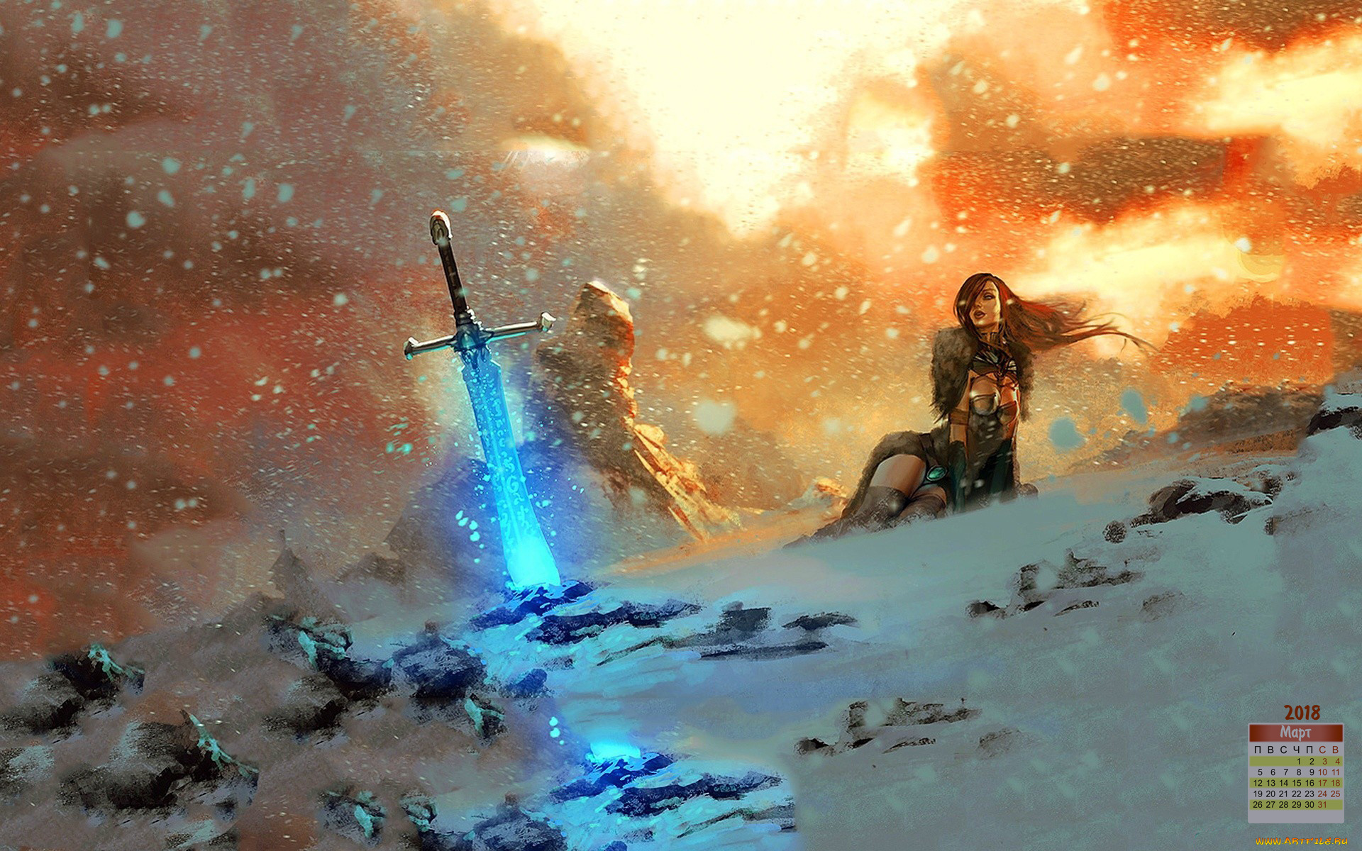 календари, фэнтези, девушка, 2018, снег, оружие, взгляд
