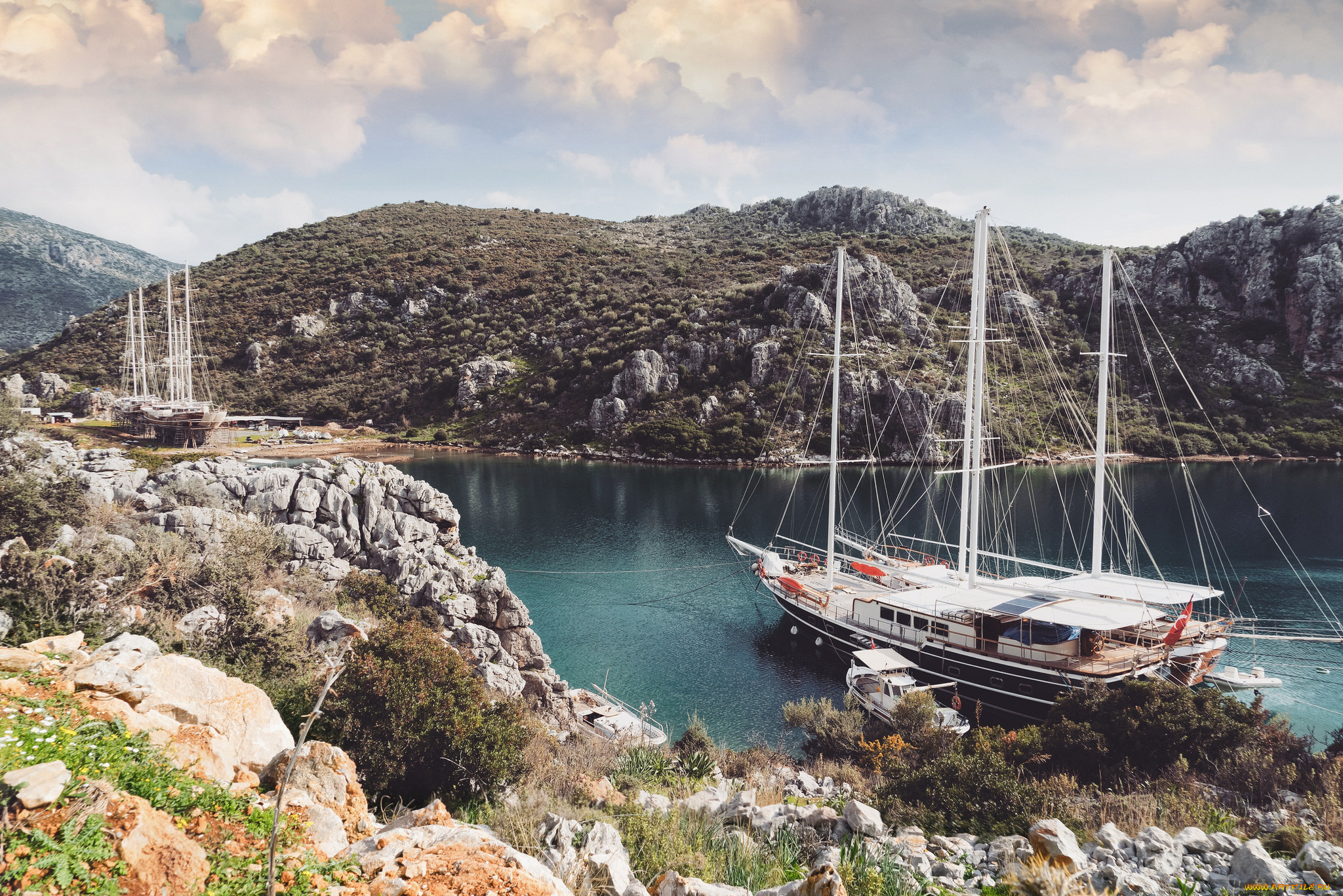 корабли, парусники, мачты, бухта