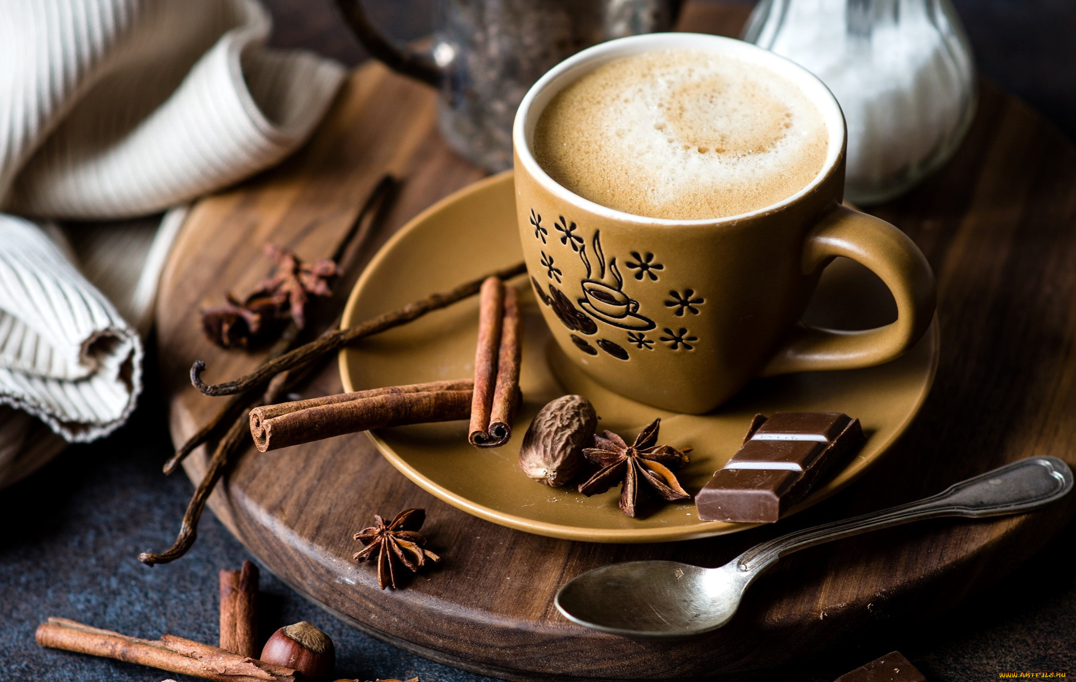 еда, кофе, , кофейные, зёрна, корица, шоколад