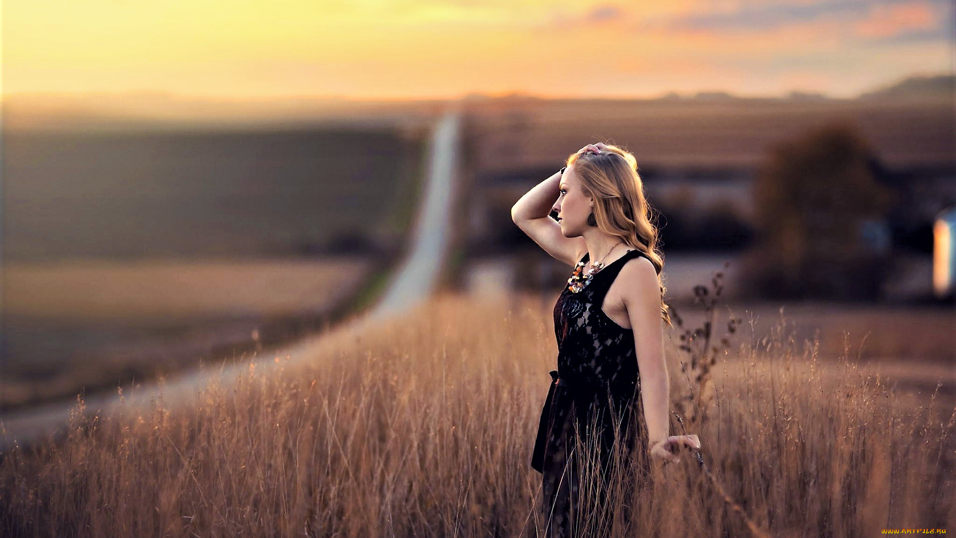 девушки, -unsort, , блондинки, , светловолосые, блондинка, сарафан, поле, дорога