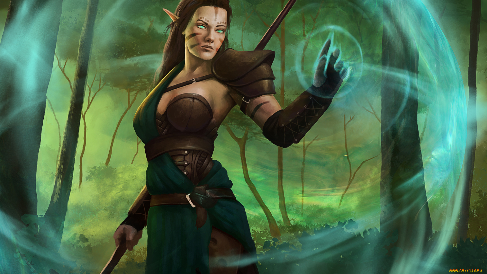 фэнтези, эльфы, девушка, фон, взгляд, униформа, посох, магия