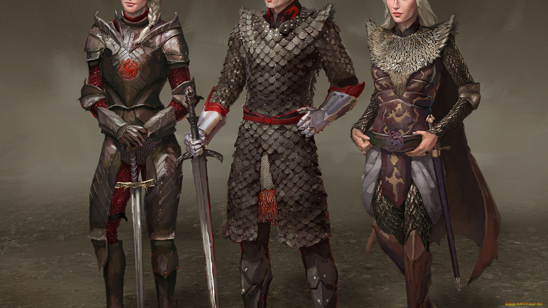 фэнтези, люди, девушки, мужчина, фон, взгляд, латы