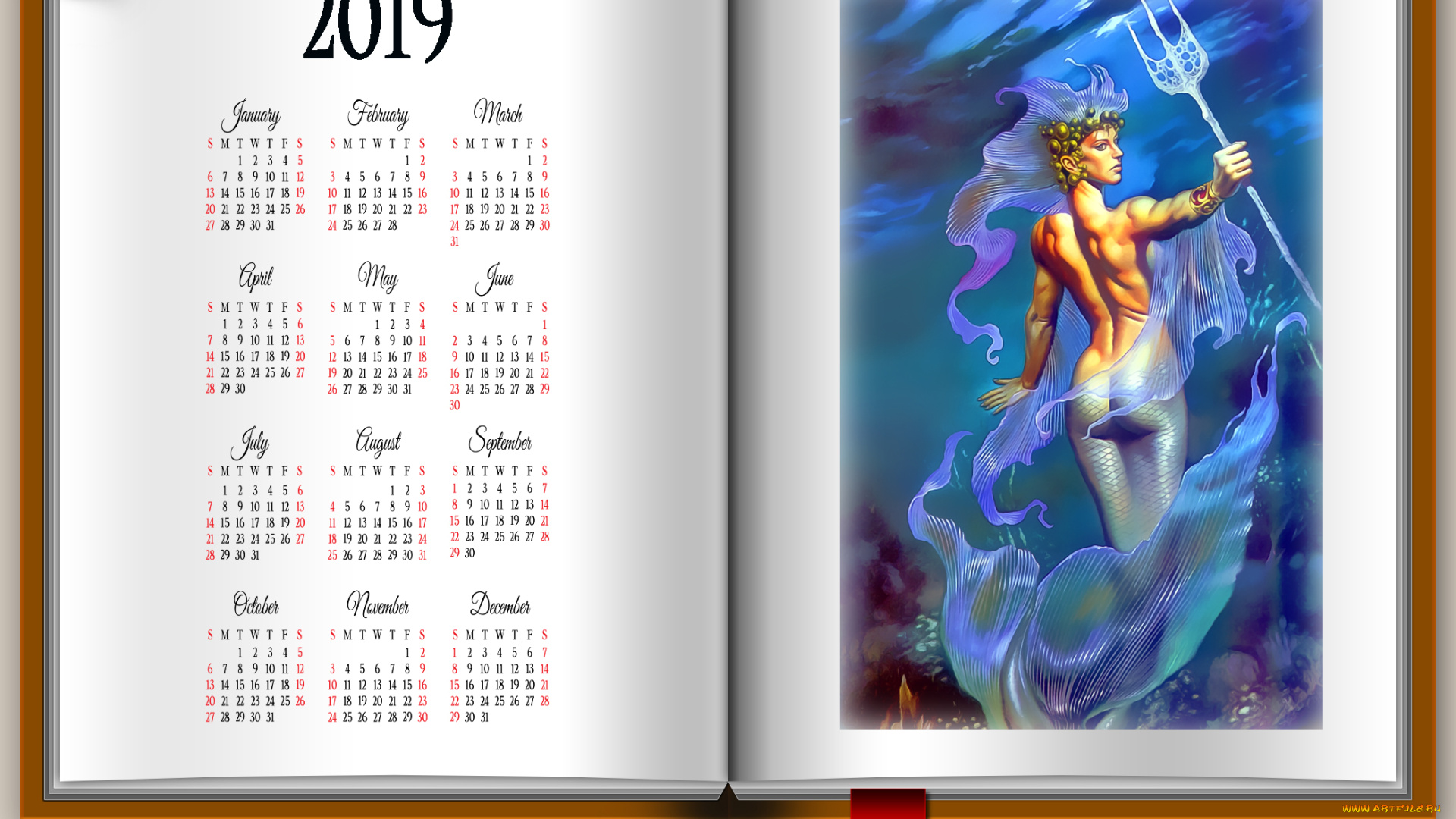 календари, фэнтези, русалка, девушка, трезубец