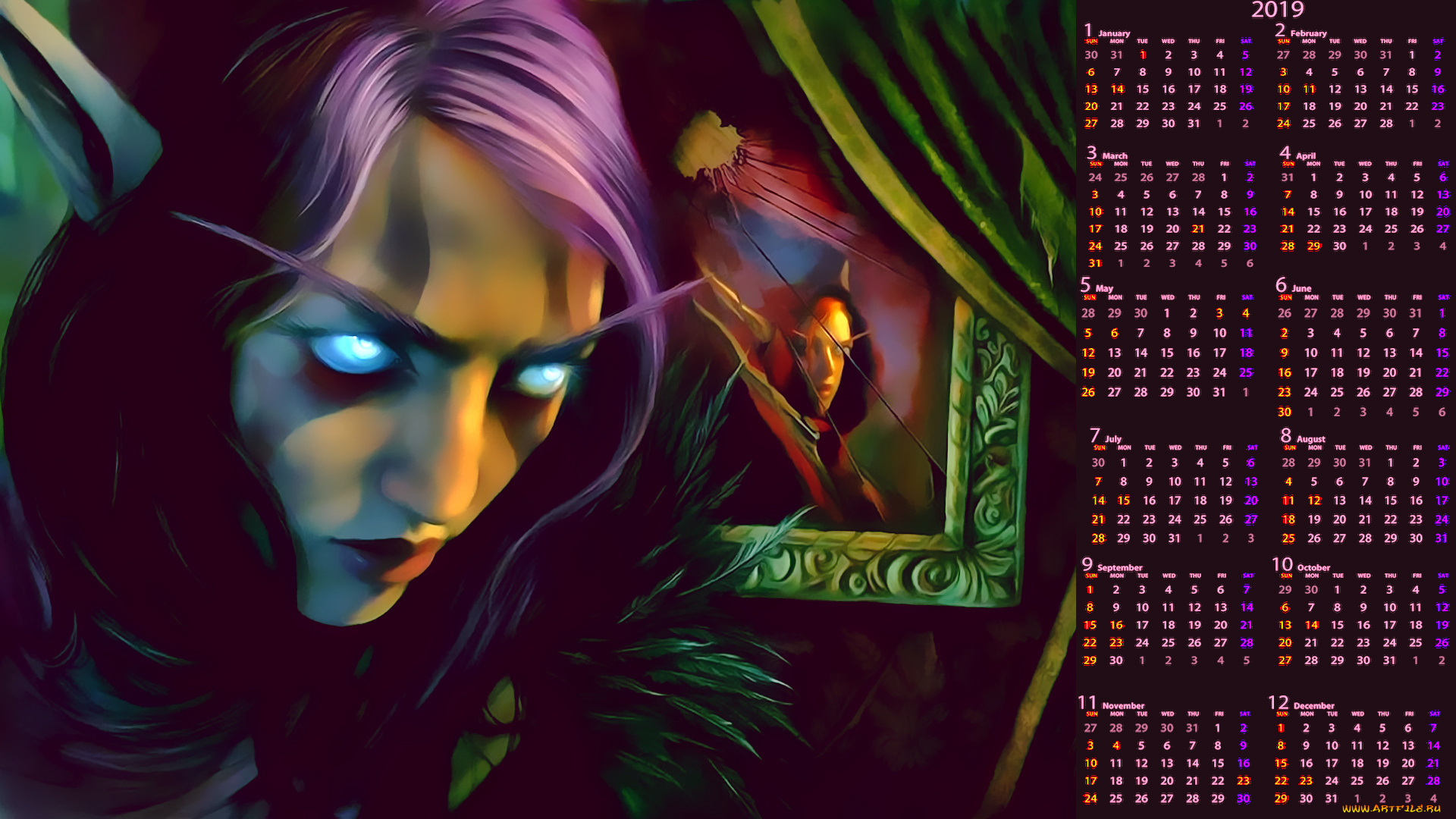 календари, фэнтези, существо, лицо, зеркало