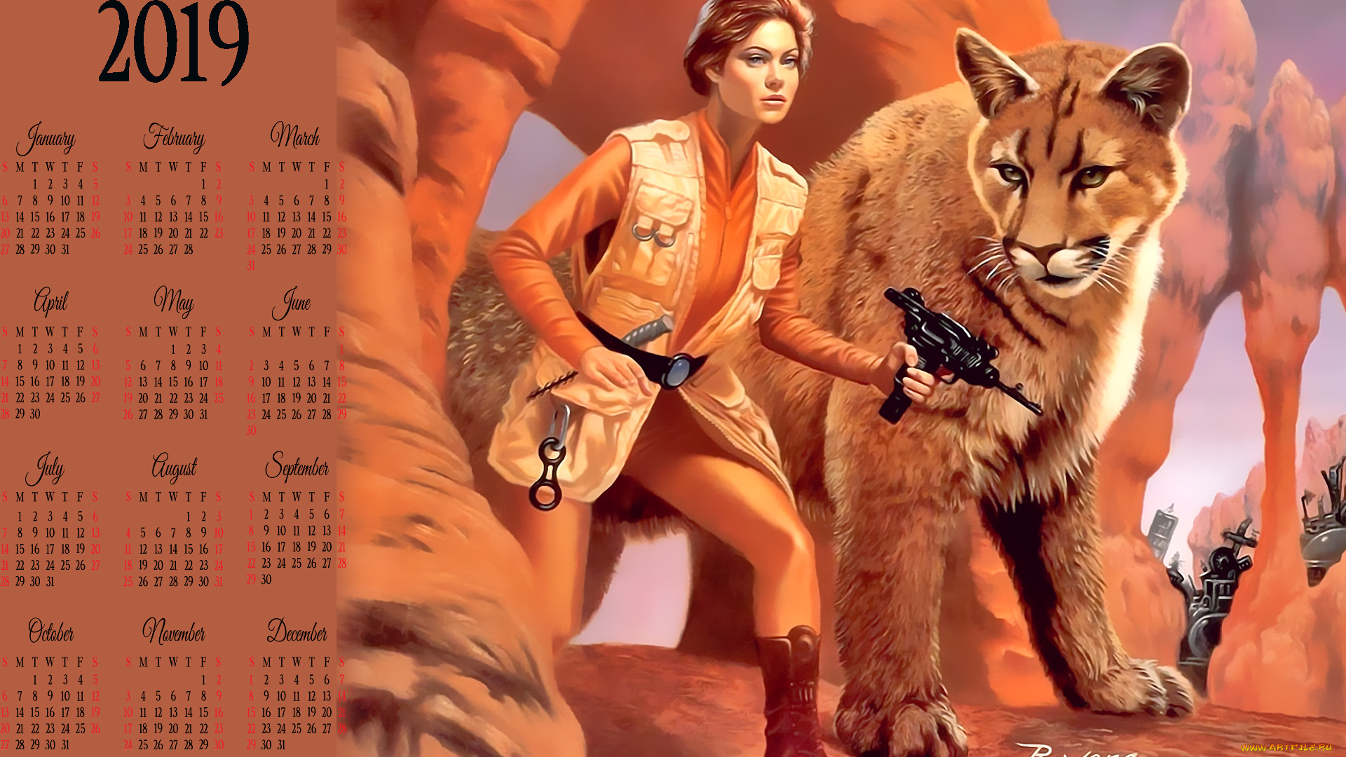 календари, фэнтези, животное, девушка, оружие