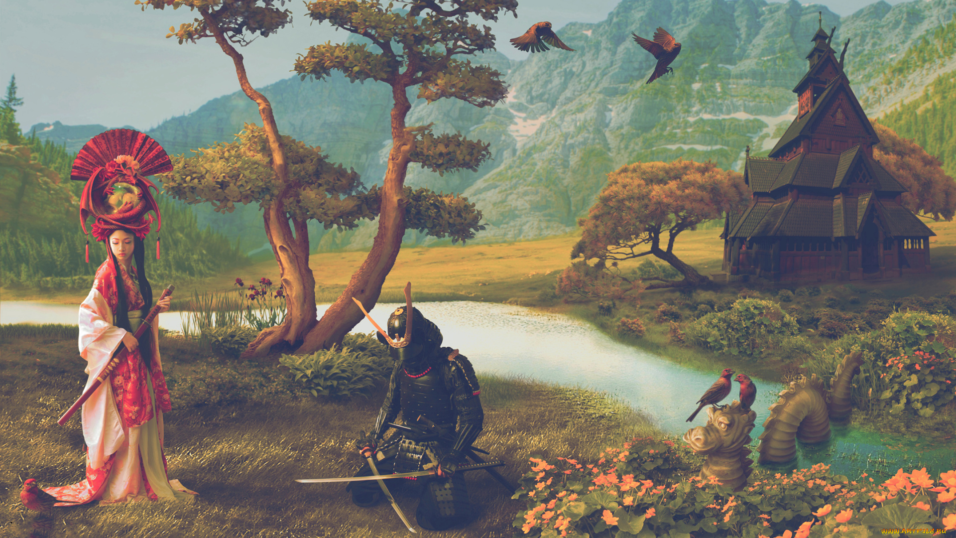 разное, компьютерный, дизайн, фон, птицы, дракон, самурай, девушка