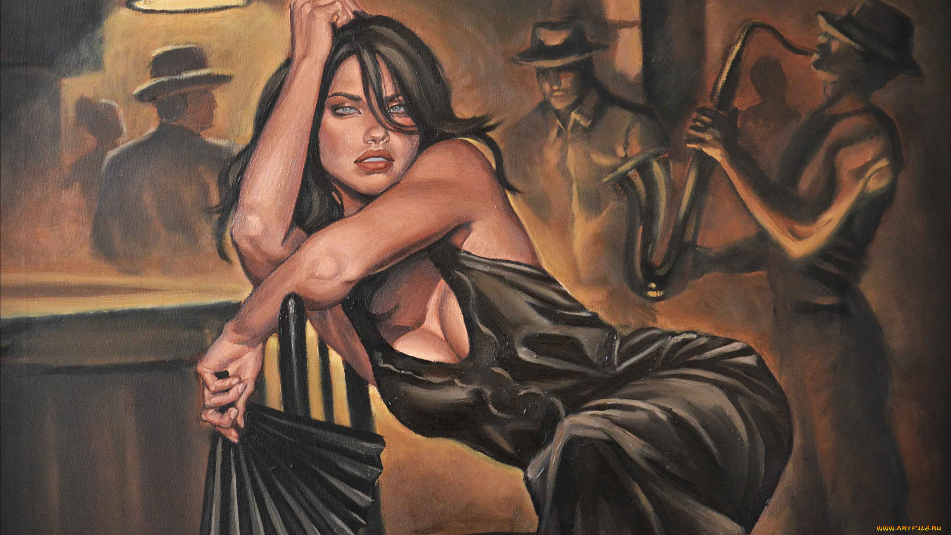 рисованное, люди, фон, веер, взгляд, платье, девушка