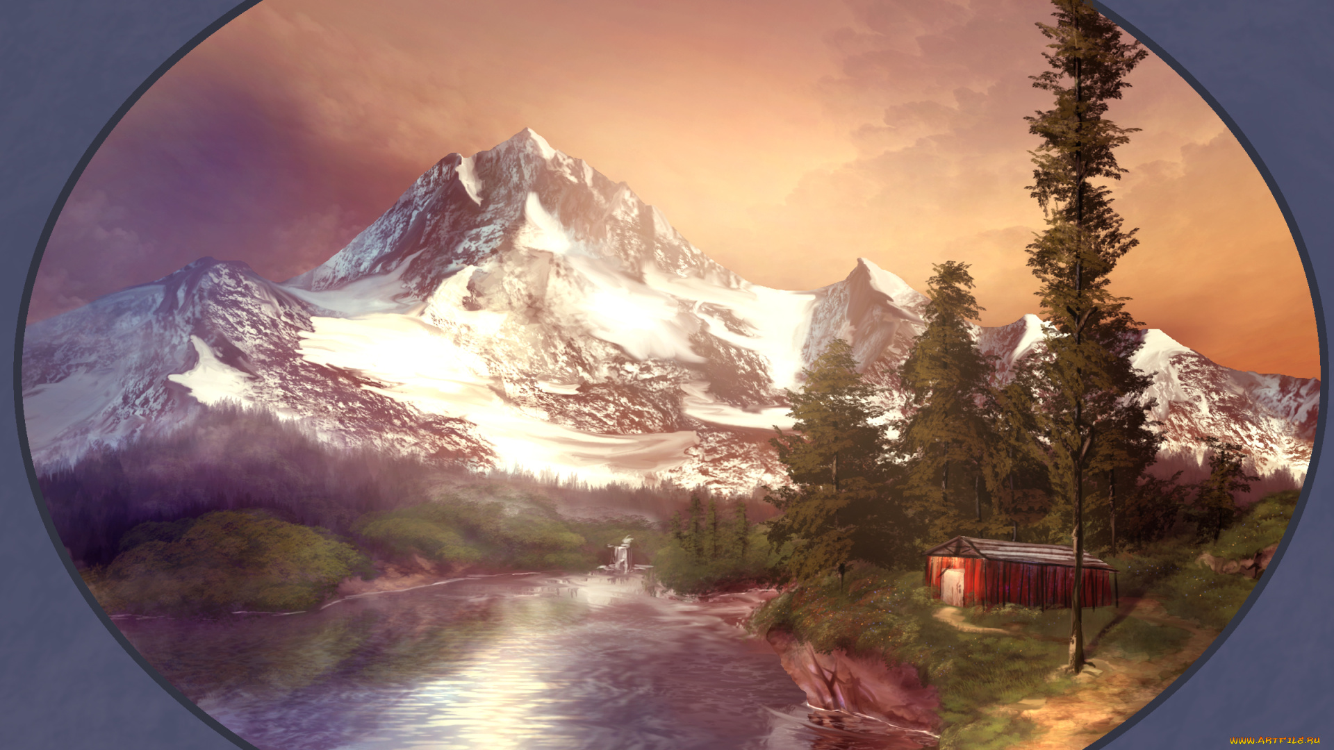 рисованное, природа, фон, озеро, дом, горы