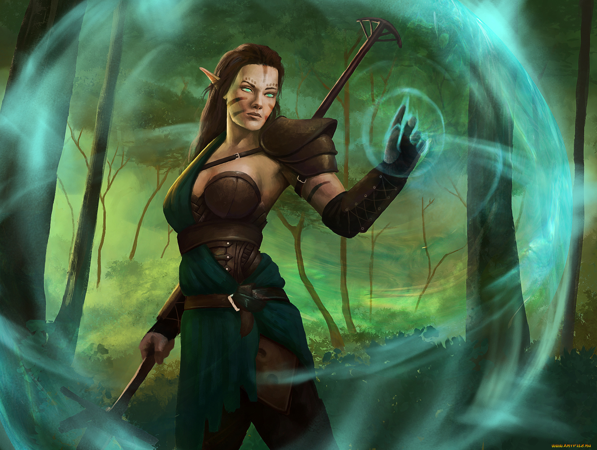 фэнтези, эльфы, девушка, фон, взгляд, униформа, посох, магия