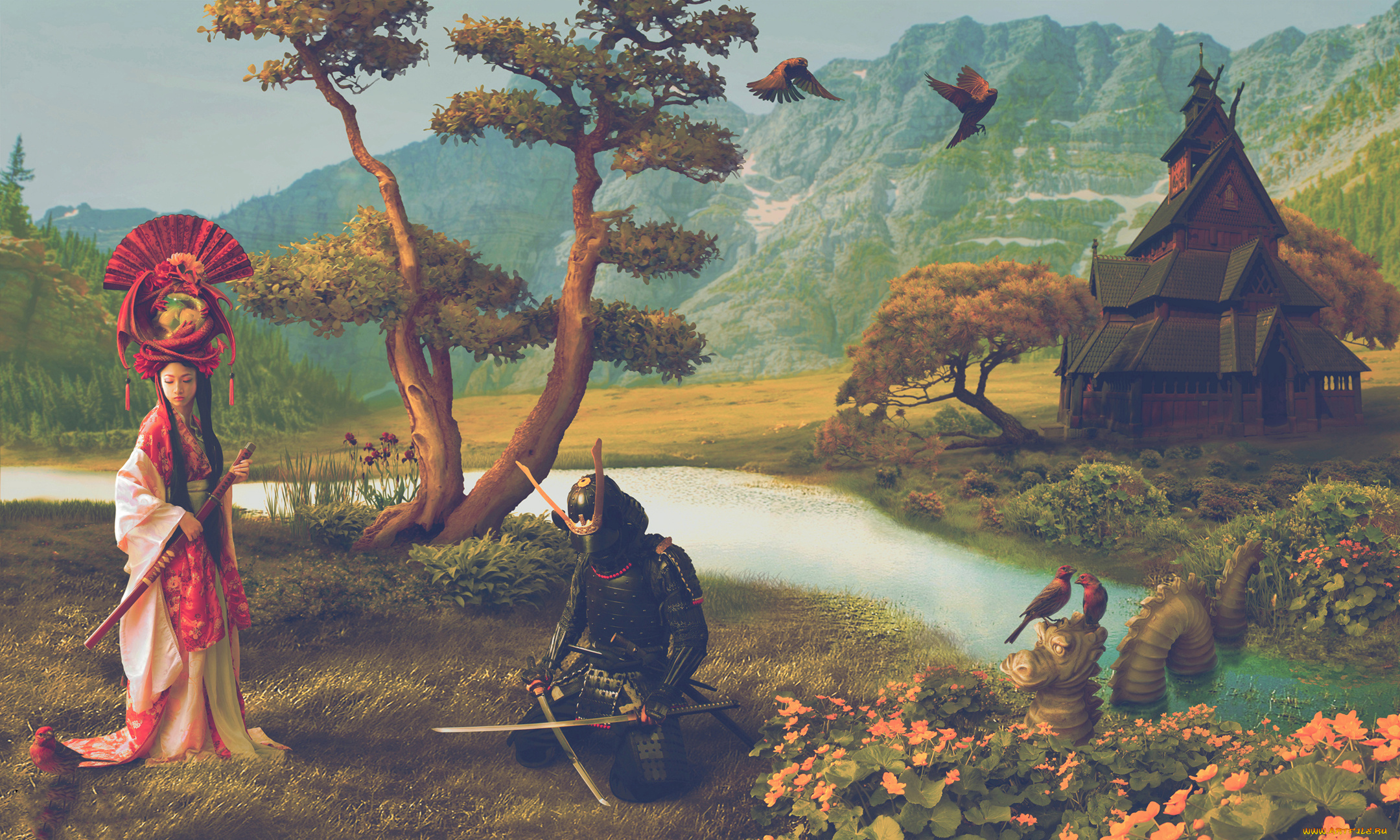 разное, компьютерный, дизайн, фон, птицы, дракон, самурай, девушка