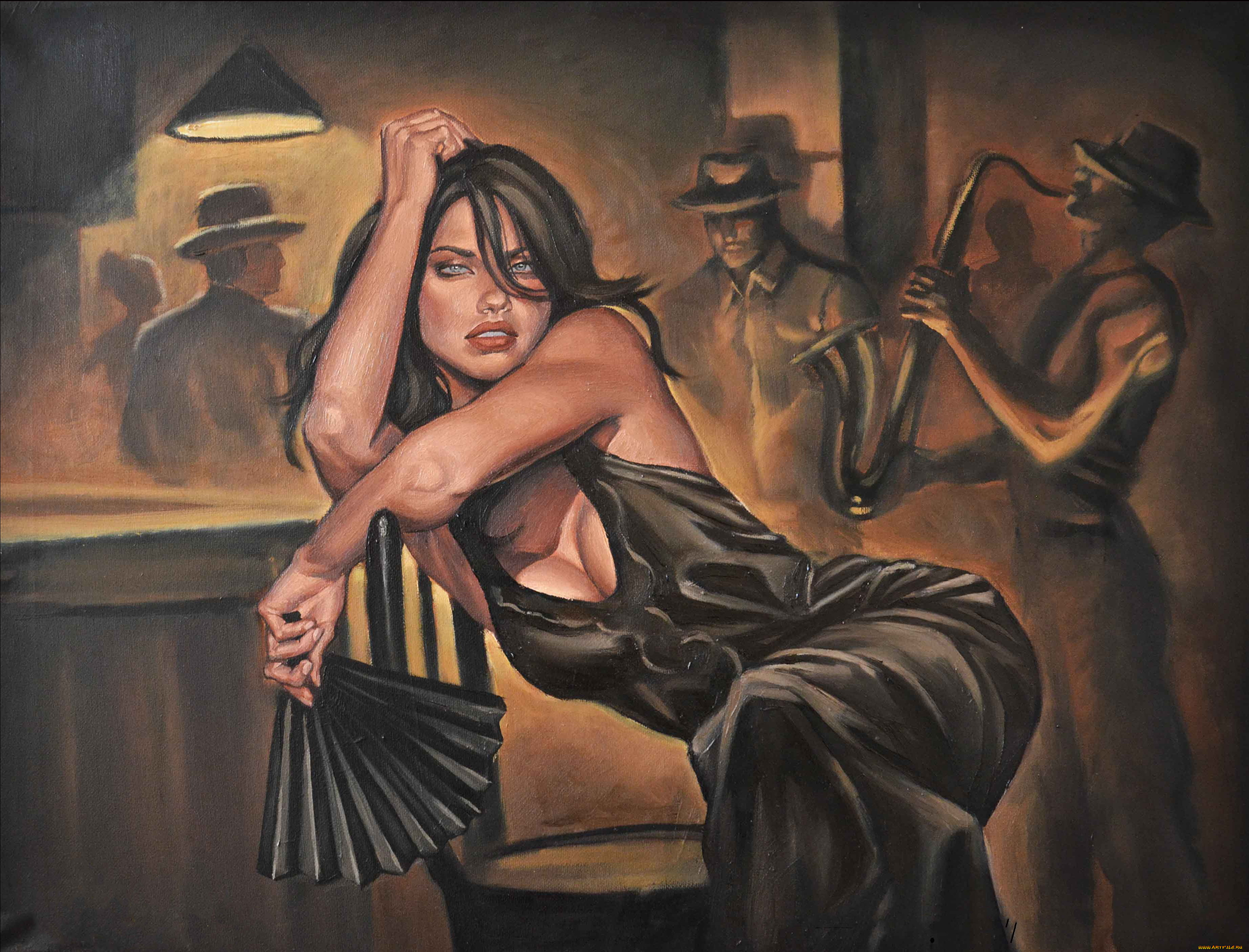 рисованное, люди, фон, веер, взгляд, платье, девушка