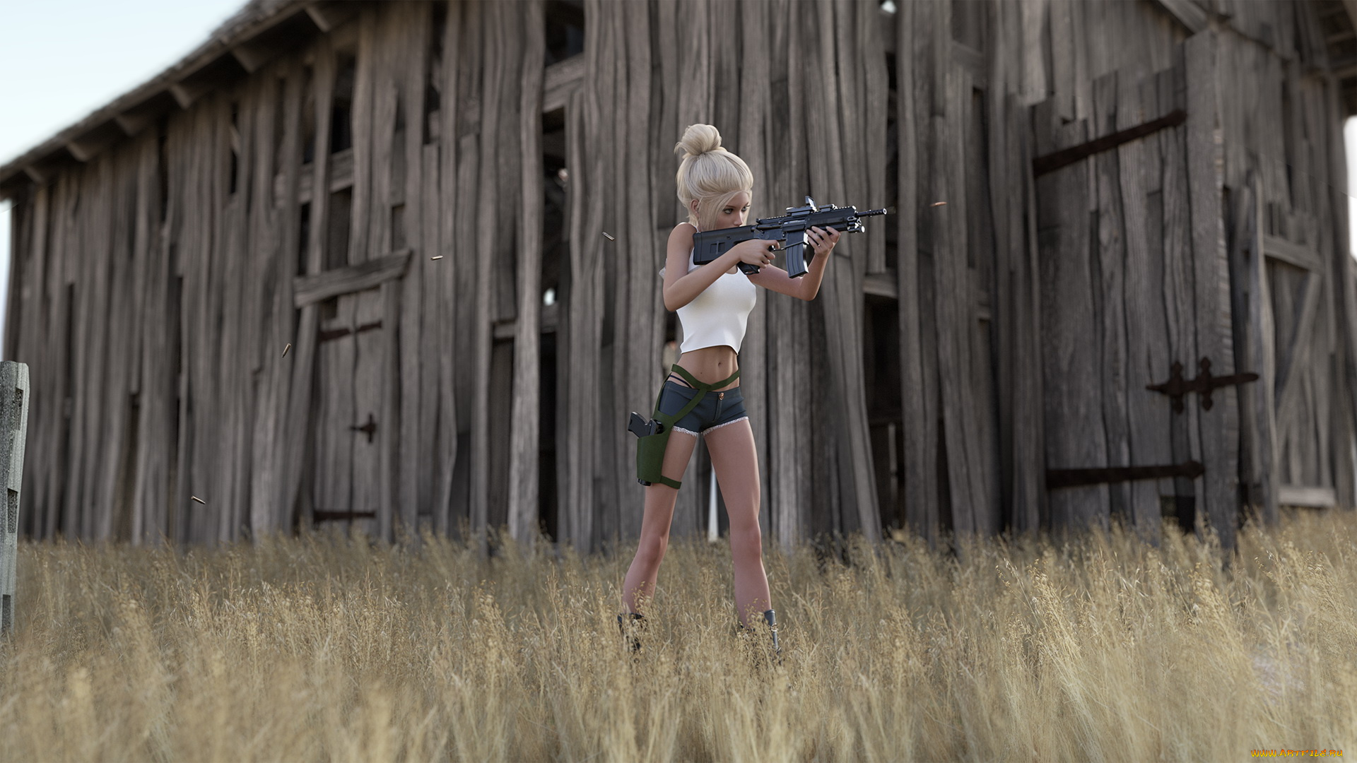 3д, графика, люди, , people, автомат, сарай, фон, девушка