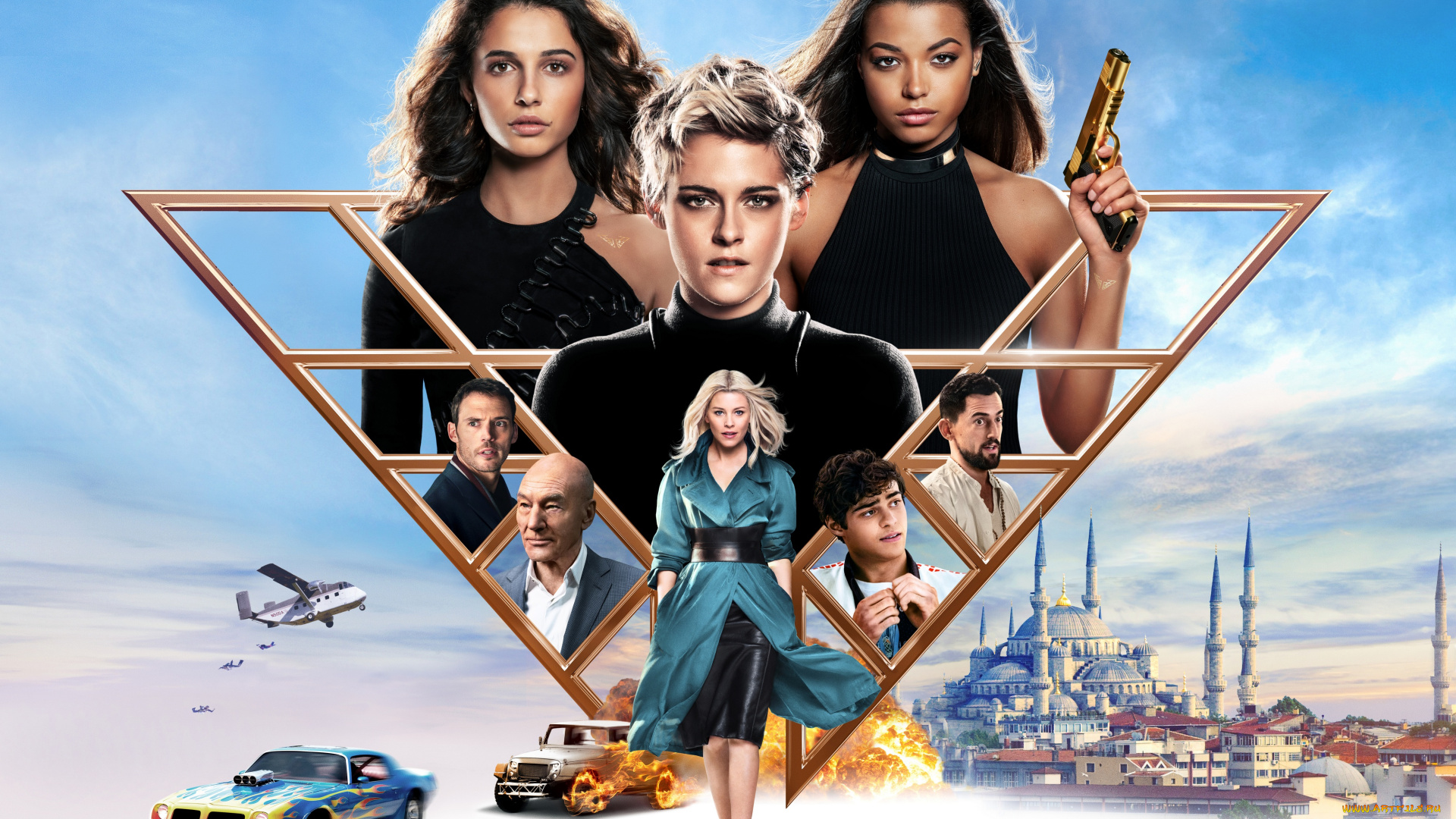 charlie`s, angels, , 2019, кино, фильмы, боевик, кристен, стюарт, комедия, patrick, stewart, elizabeth, banks, наоми, скотт, постер, ангелы, чарли, sam, claflin