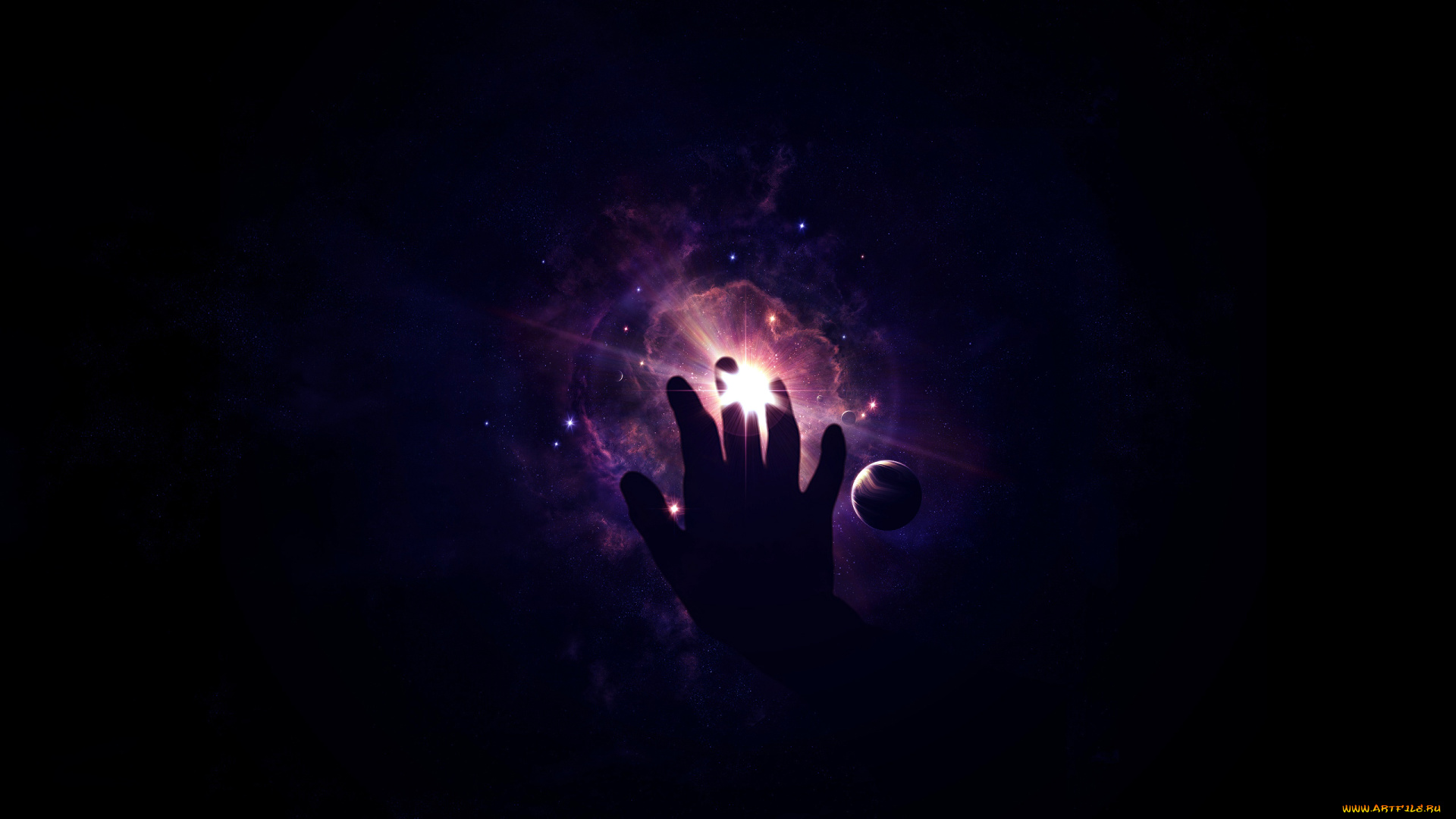 космос, арт, планеты, рука, туманность