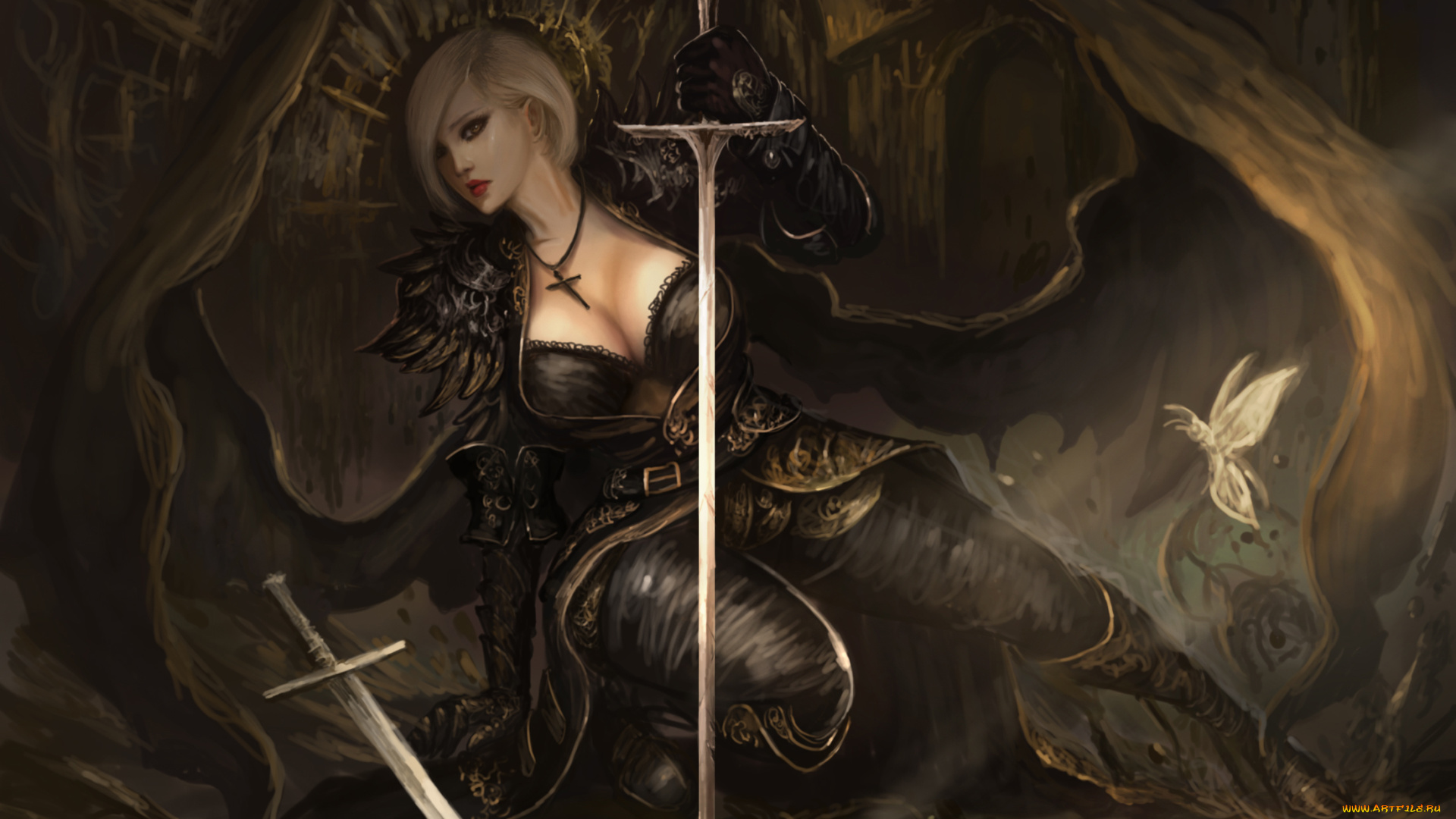 видео, игры, lineage, ii, меч, крылья, взгляд, фон, девушка