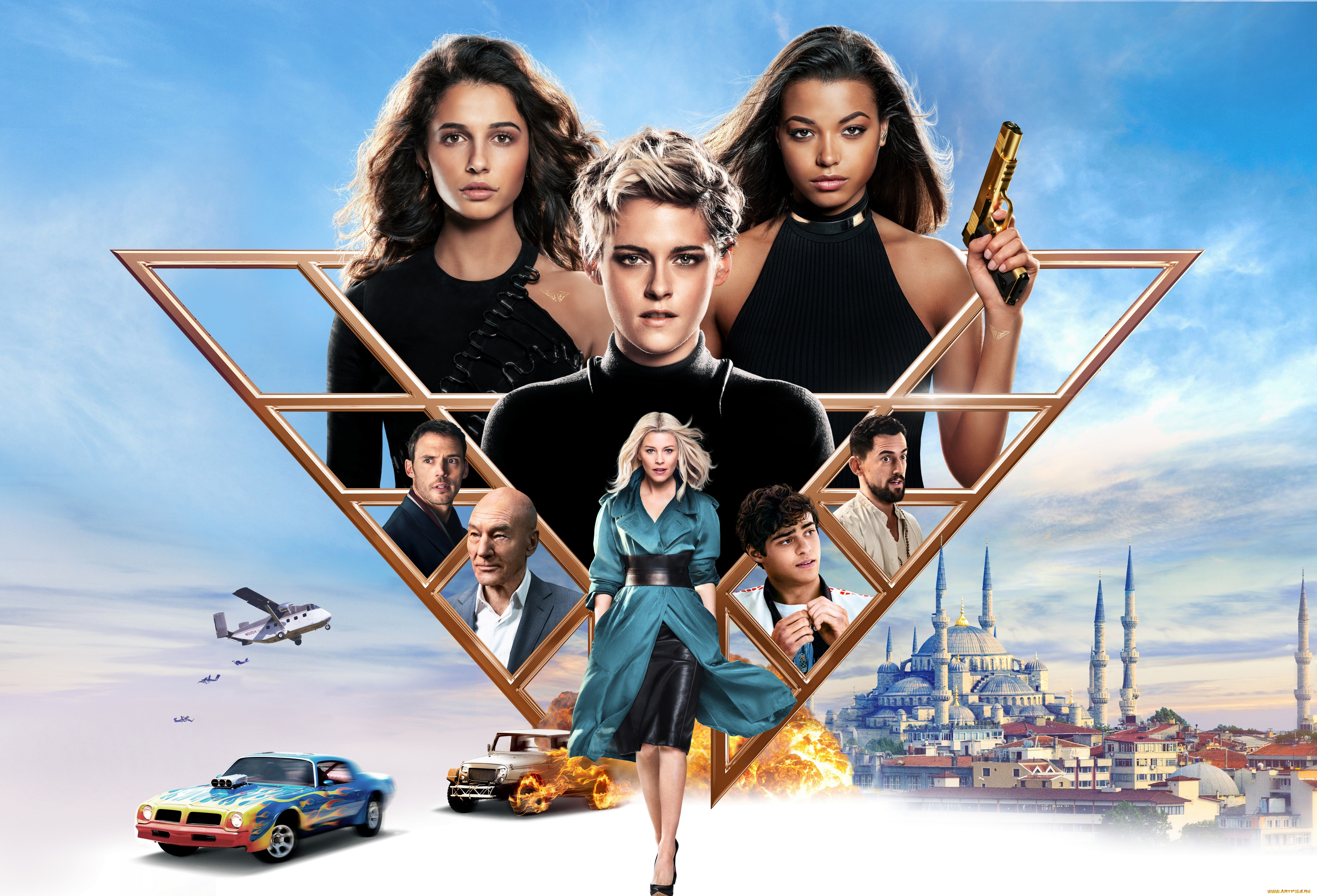 charlie`s, angels, , 2019, кино, фильмы, боевик, кристен, стюарт, комедия, patrick, stewart, elizabeth, banks, наоми, скотт, постер, ангелы, чарли, sam, claflin