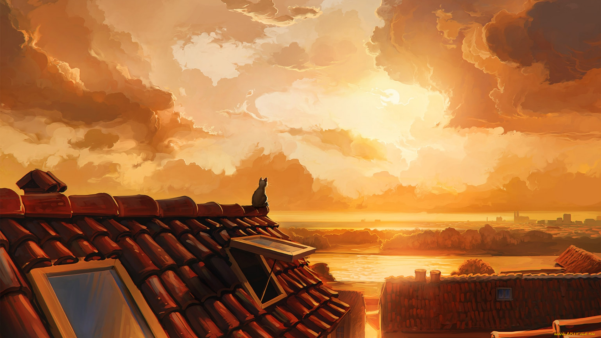 рисованное, города, закат, кот, кошка, небо, крыша