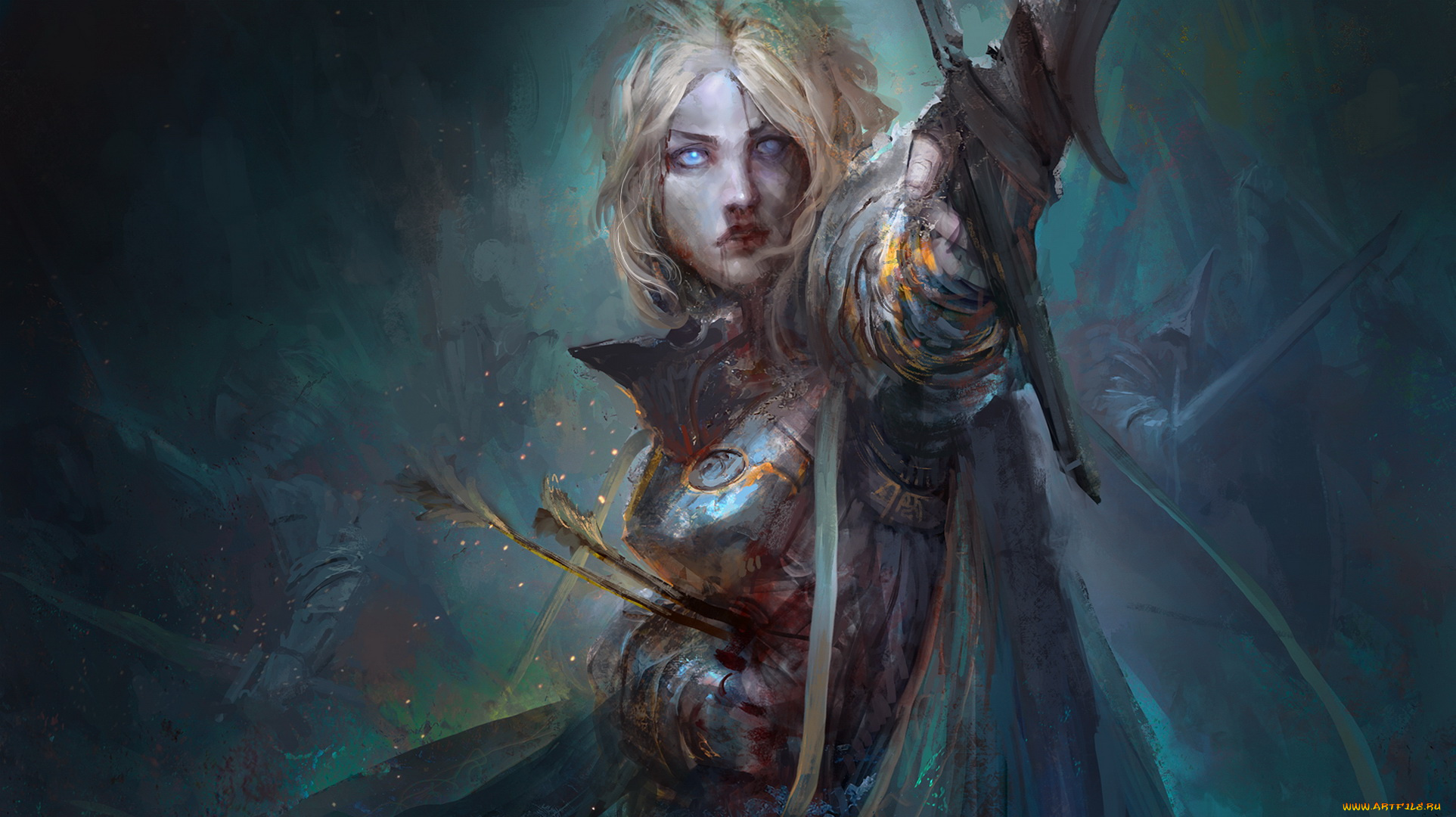 фэнтези, девушки, девушка, фон, взгляд, меч, стрела, рана