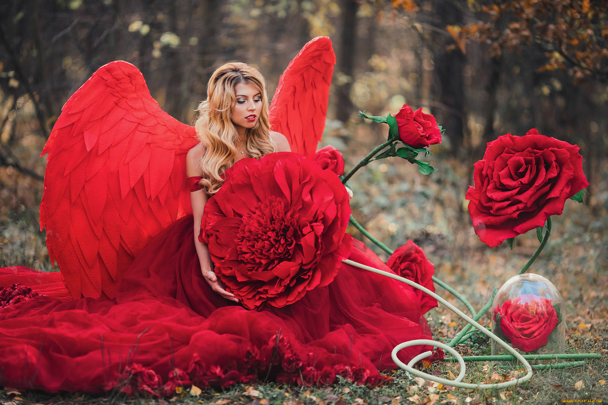 девушки, -, блондинки, , светловолосые, блондинка, крылья, платье, цветы, парк, осень