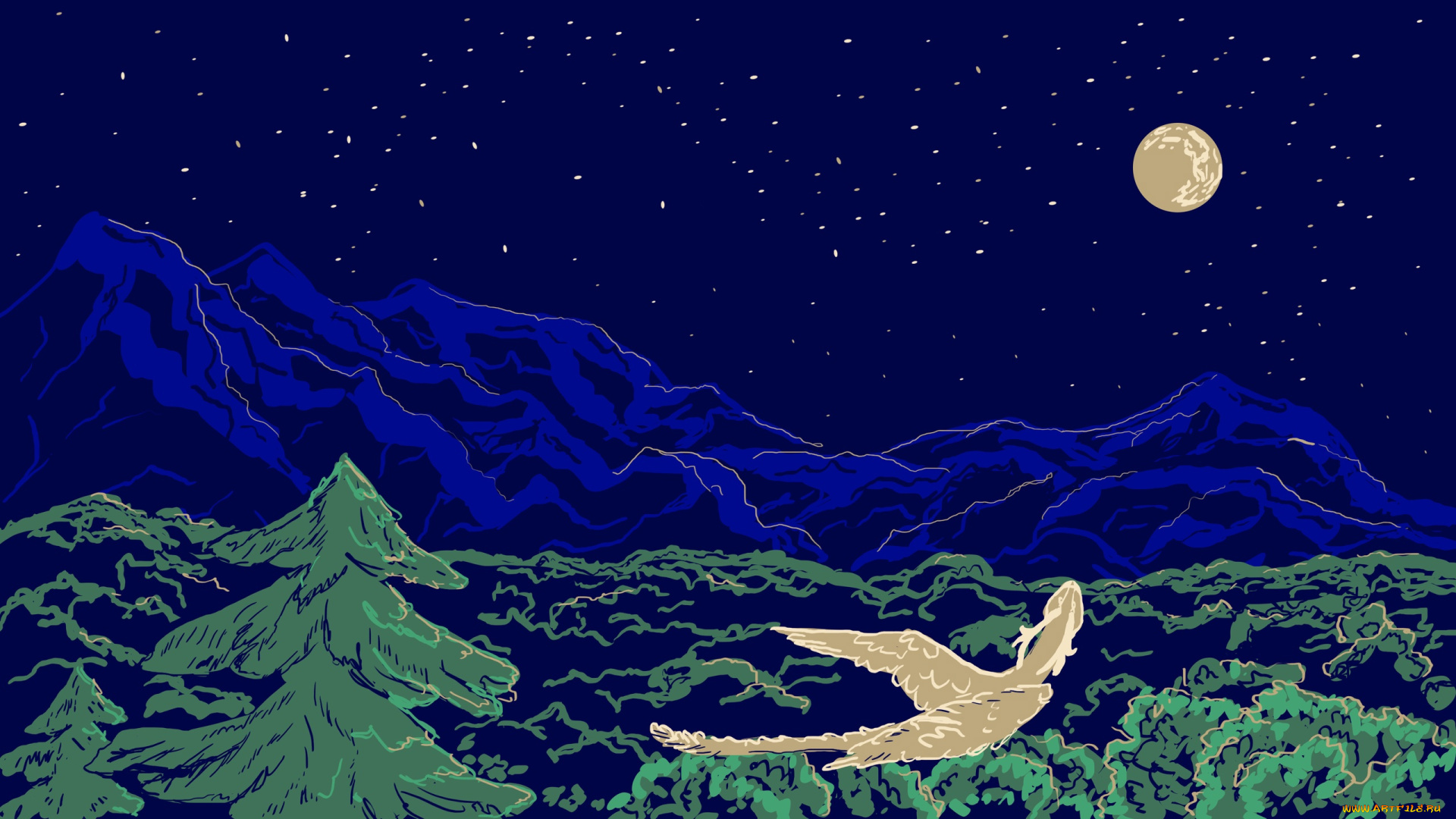 фэнтези, драконы, дракон, ночь, лес, горы, луна