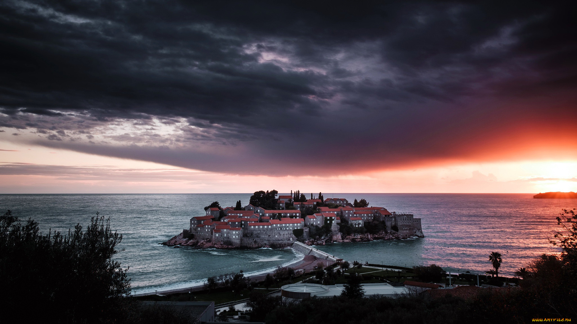 города, -, пейзажи, aman, sveti, stefan, город, черногория, остров, побережье, туча, хмурое, небо