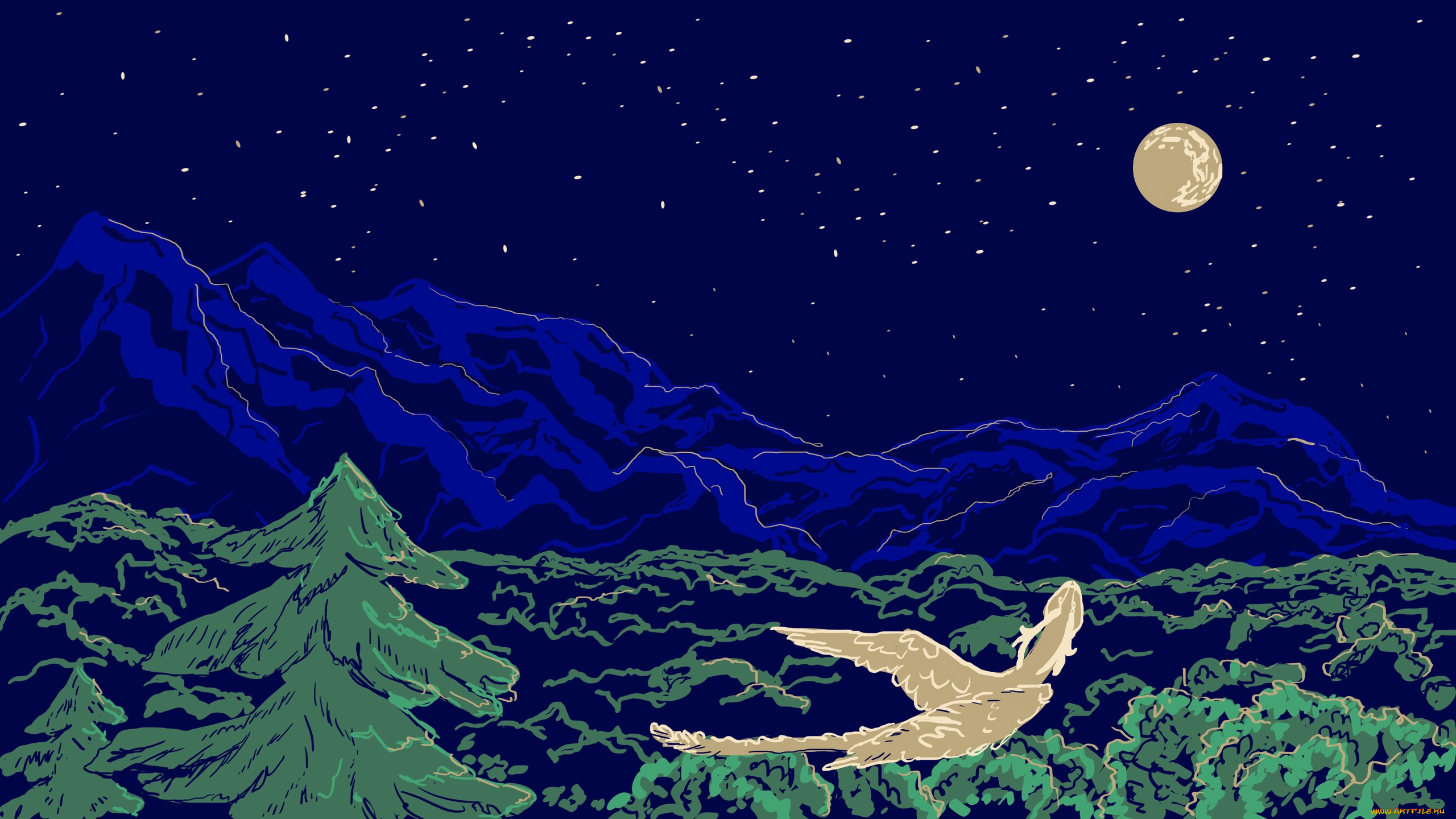 фэнтези, драконы, дракон, ночь, лес, горы, луна