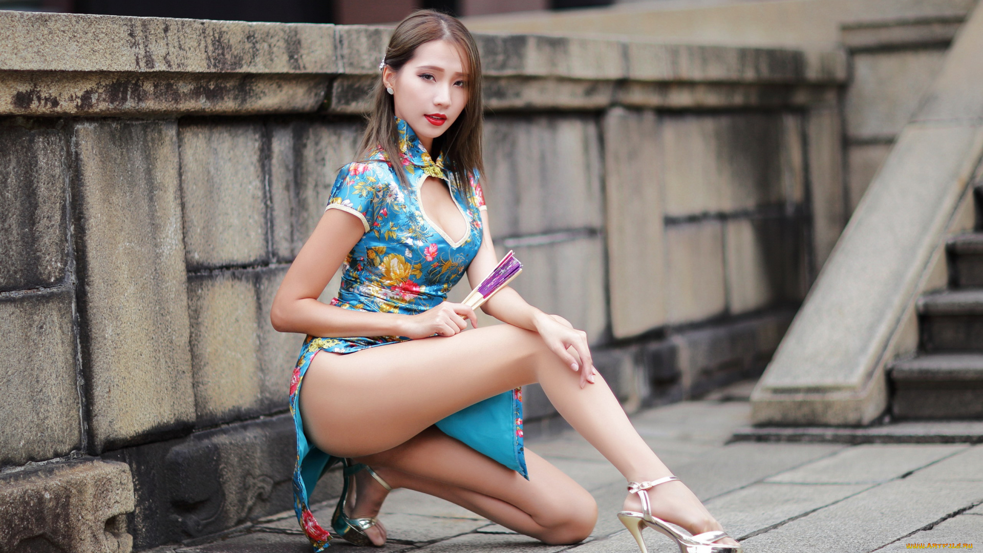 девушки, -, азиатки, азиатка, поза, веер