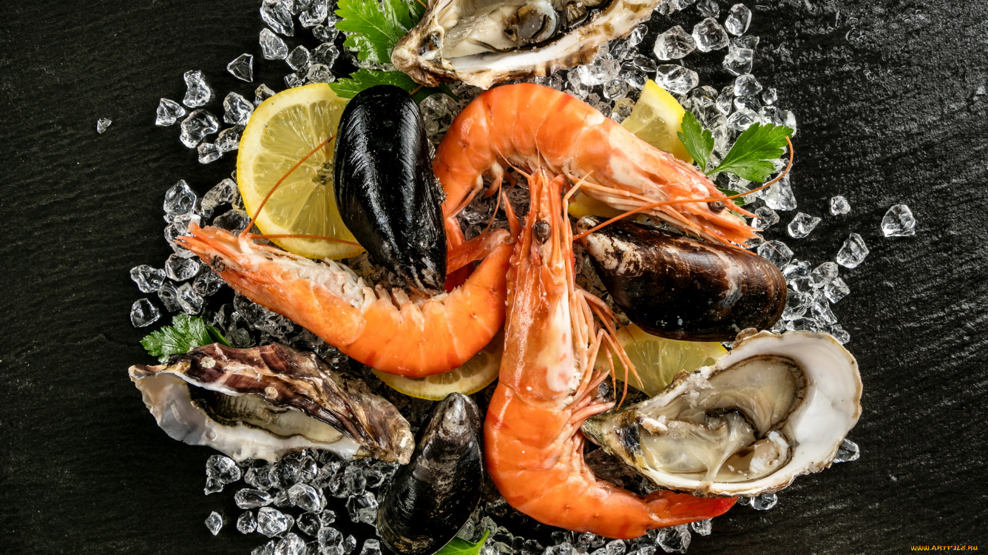 еда, рыбные, блюда, , с, морепродуктами, креветки, мидии, лимон, лед